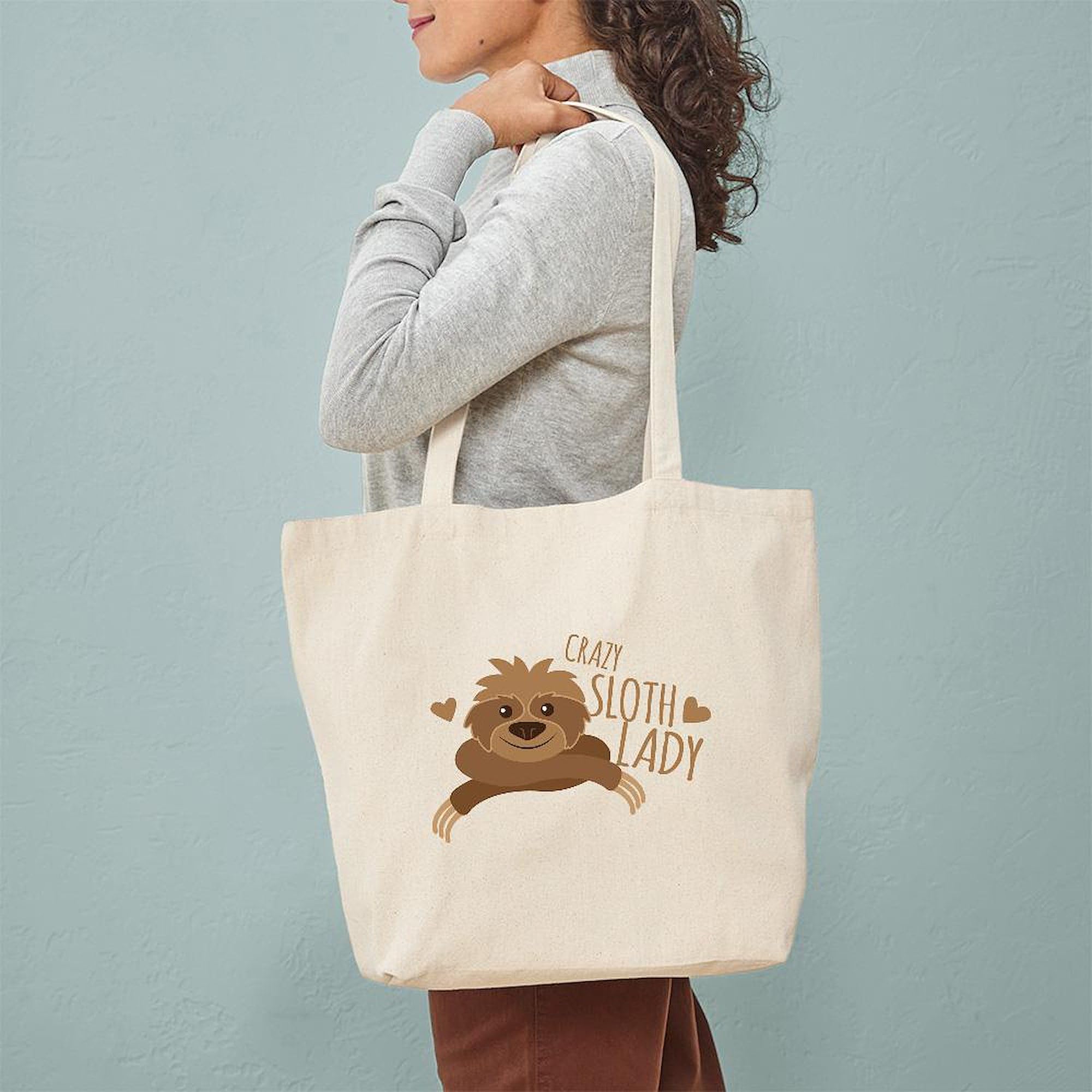 Crazy Sloth Lady Tote Bag - Natural Canvas Reusable Shopping Bag for Women | Eco-Friendly Grocery Tote, Beach Bag & Everyday Carry