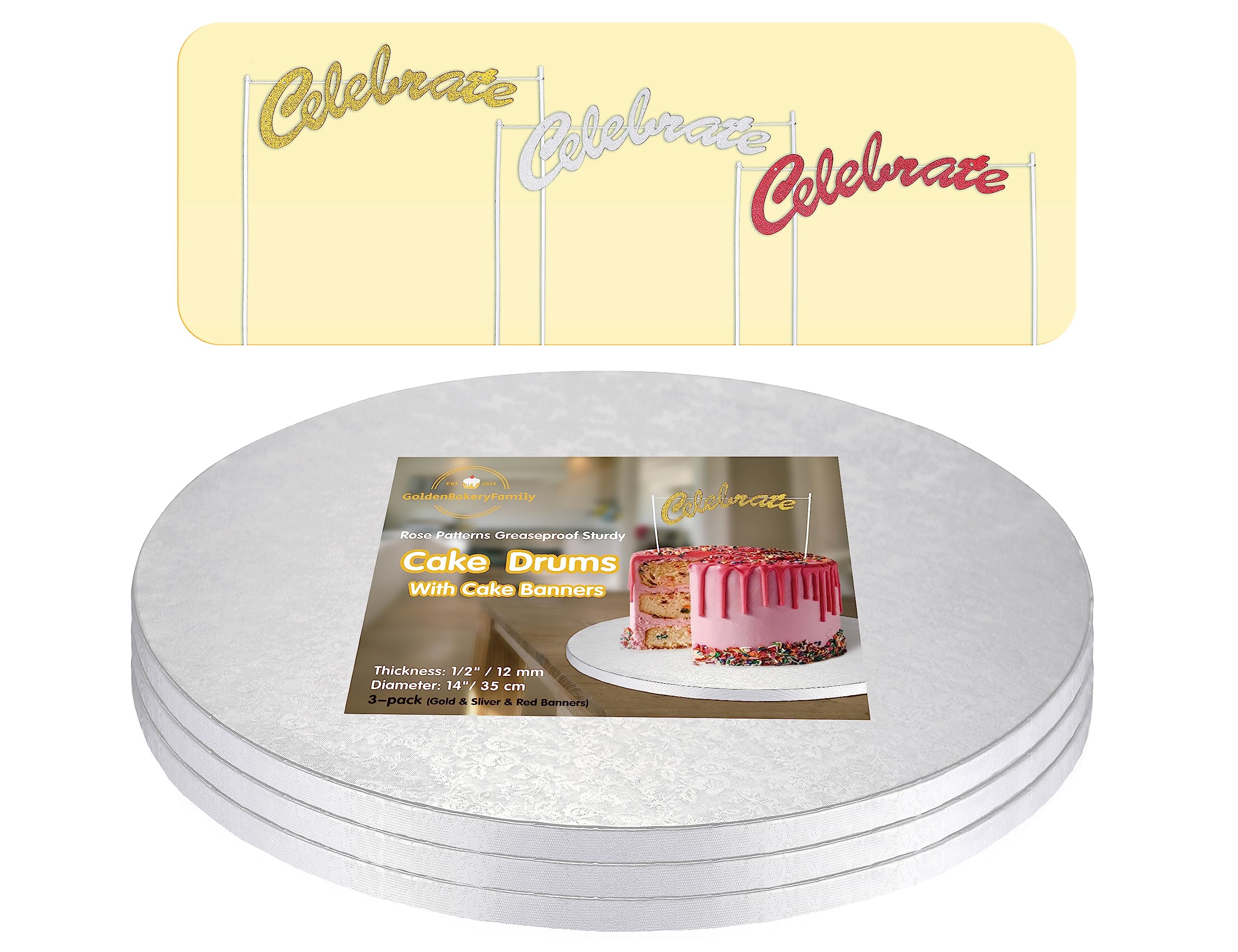 14 Inch Round White Cake Drums with Banner Topper - 3-Pack Sturdy 1/2 Inch Thick Greaseproof Cake Boards for Birthday, Wedding & Multi-Tiered Cakes by GoldenBakeryFamily - Perfect for Professional Baking, Party Decorations & Dessert Displays