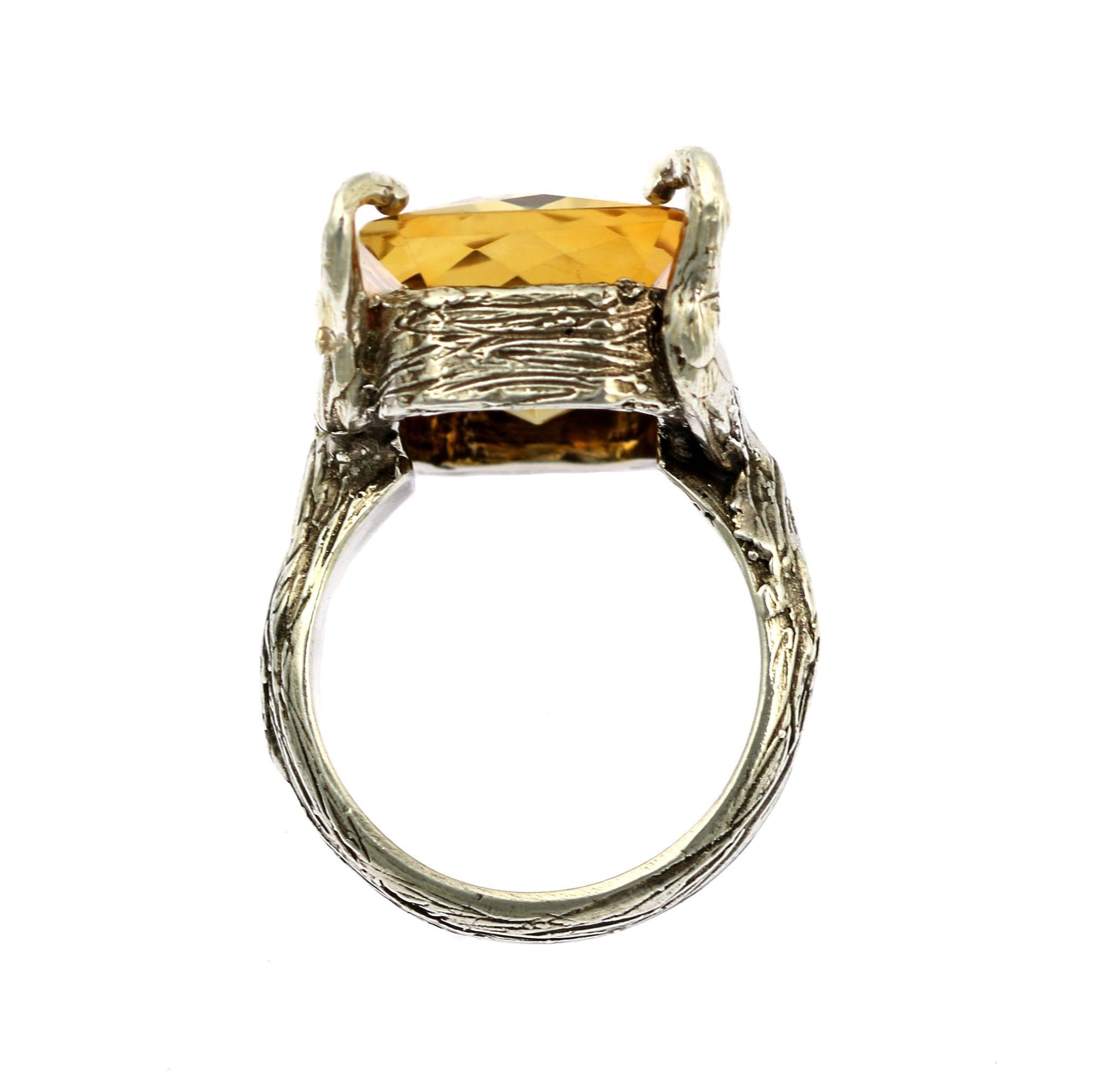 21.5 Carat Checkerboard Cut Citrine Sterling Silver Cocktail Ring - Elegant Statement Jewelry for Evening Parties & Special Occasions