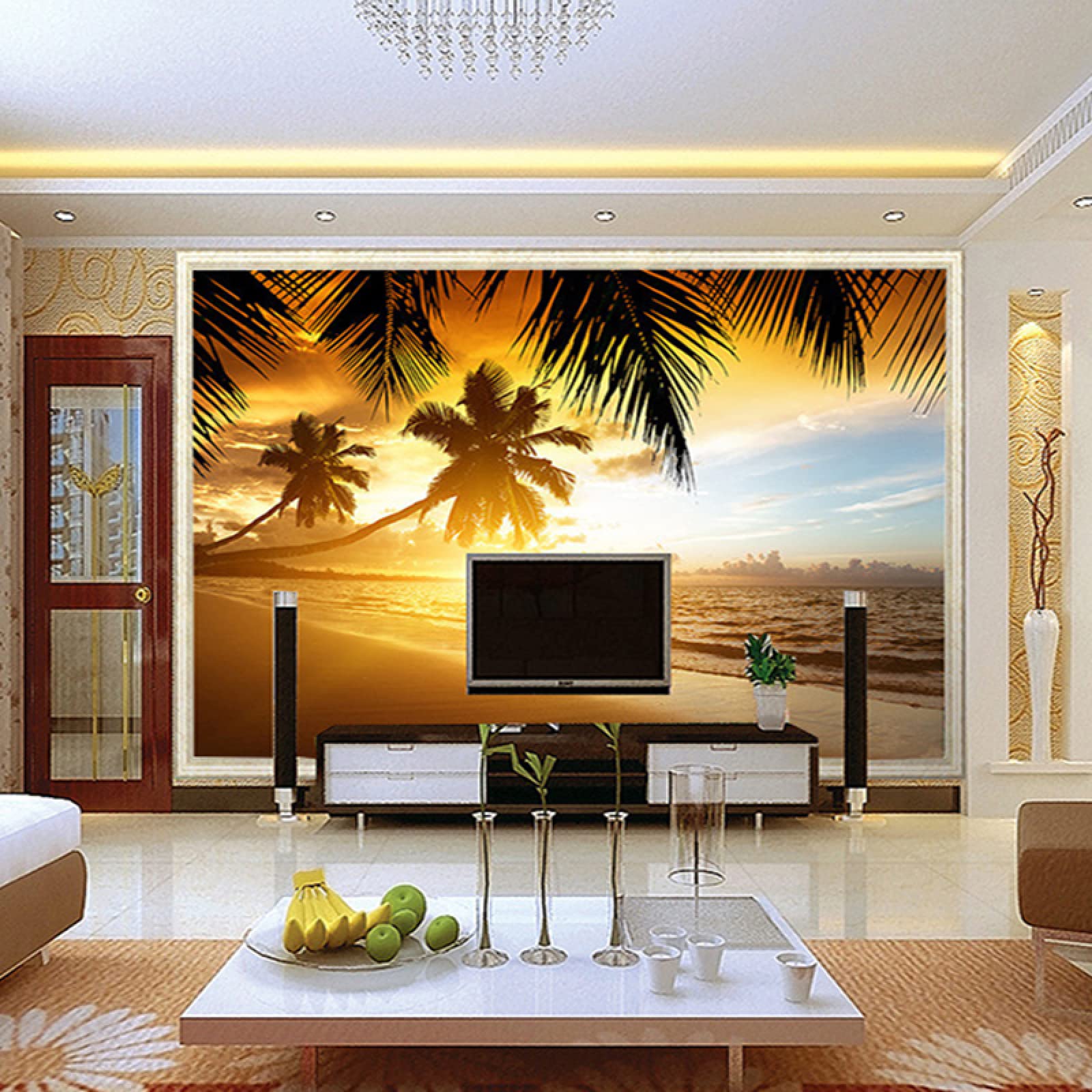 Sunset Ocean Waves Wall Art Stickers - Beach Mountain Clouds Sky Mural - Wrinkle-Free Breathable Wallpaper for Playrooms & Activity Rooms - 137.8x100 Inches (WxH) - Perfect for Kids' Bedrooms, Daycare Centers & Coastal-Themed Decor