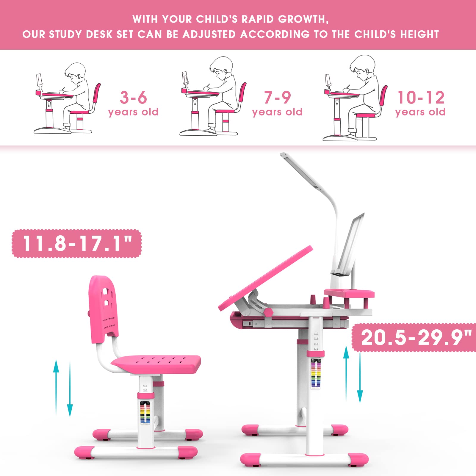 BELANITAS Kids Study Desk and Chair Set - Adjustable 40° Tilt Desktop with LED Light, Ergonomic Children's Writing Table for Ages 5-8 (Pink) - Perfect for Homeschooling, Online Learning & Birthday Gifts