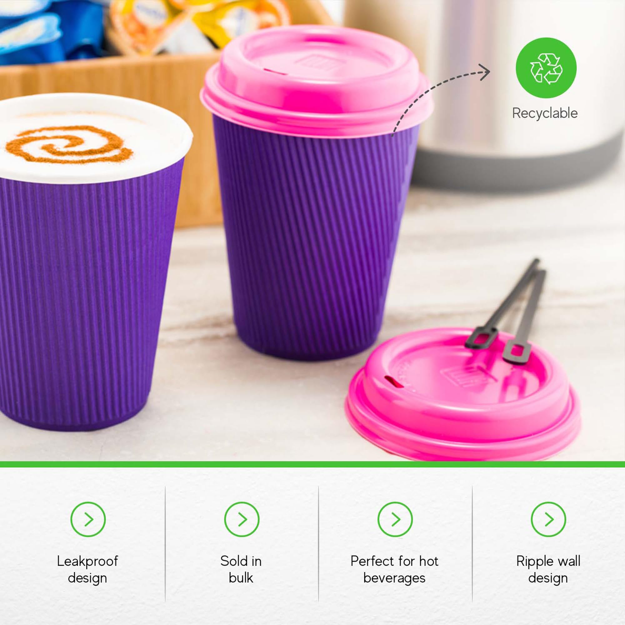 12 oz Disposable Coffee Cups - 500 Pack Insulated Ripple Wall Hot Cups for Coffee, Tea & More | Royal Purple Paper Cups with Rolled Rim | Lids Sold Separately | Perfect for Cafes, Offices & Events