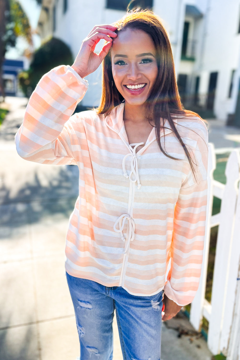Embrace Joy Beige & Ivory Striped Bow Tie Terry Top for Baby Girls | Soft Cotton Comfort Outfit for Newborn Photoshoots & Special Occasions