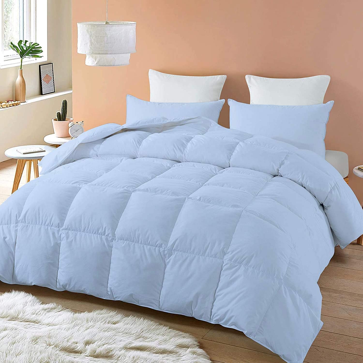 Luxury Queen Size Hotel Quality Ultra Soft Organic Cotton All-Season Quilted Comforter with Corner Tabs - Box Stitched Down Alternative 400 GSM 800 Thread Count - Light Blue - Perfect for Bedroom, Guest Room & Cozy Nights