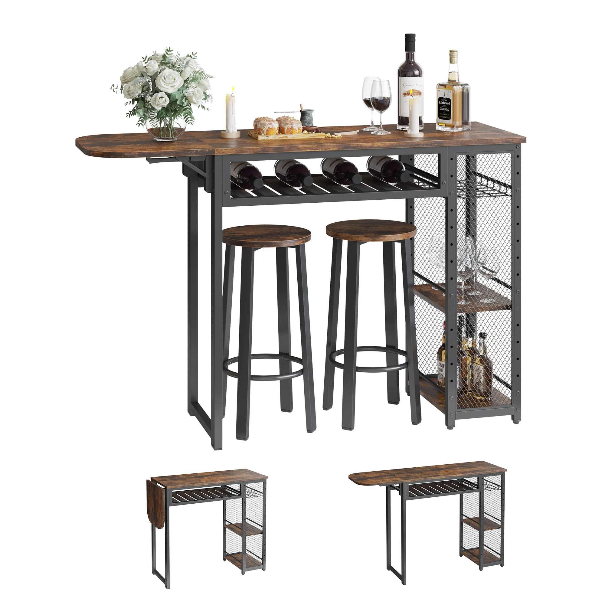 Bestier Expandable Bar Table and Chair Set with 2 Bar Stools, Industrial Kitchen Counter with Wine Rack & 3-Tier Adjustable Storage Shelves - Rustic Brown - Perfect for Small Spaces, Dining Rooms, Kitchen Islands, and Home Bars