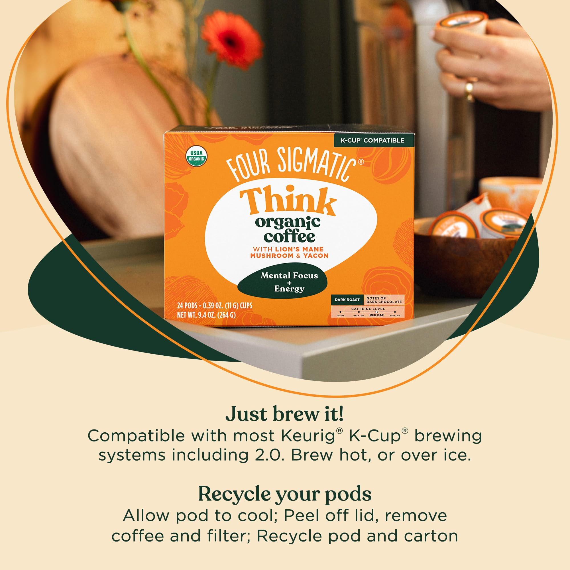 Four Sigmatic Organic Mushroom Coffee K-Cups - Lion's Mane & Yacon Dark Roast | Focus & Immune Support | Vegan, Keto-Friendly | 24 Sustainable Pods | Perfect for Home Office & Wellness Routines