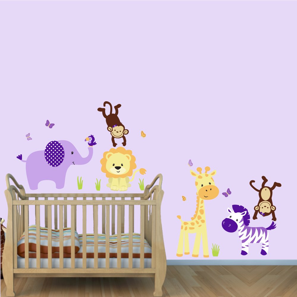 Jungle Purple Animal Wall Decals - Lion, Giraffe, Monkey Stickers for Kids Room & Nursery Decor - Perfect for Jungle Theme Bedrooms & Playrooms