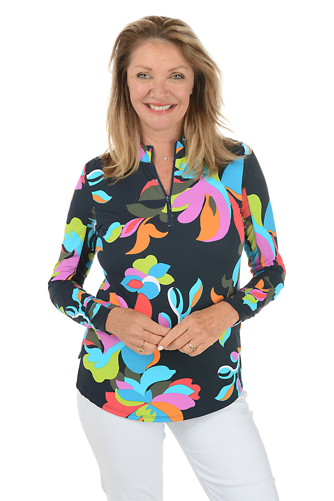 Women's Ruby Floral Print UPF50+ Sun Protection Mock Neck Long Sleeve Shirt - Perfect for Beach, Travel & Outdoor Activities
