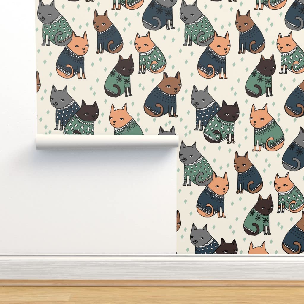 Premium Commercial Grade Wallpaper - 27ft x 2ft Cat Themed Peel & Stick Wallpaper in Blue, Green & Grey | Masculine & Gender Neutral Design for Men, Dads & Cat Lovers | Perfect for Living Rooms, Bedrooms & Home Offices