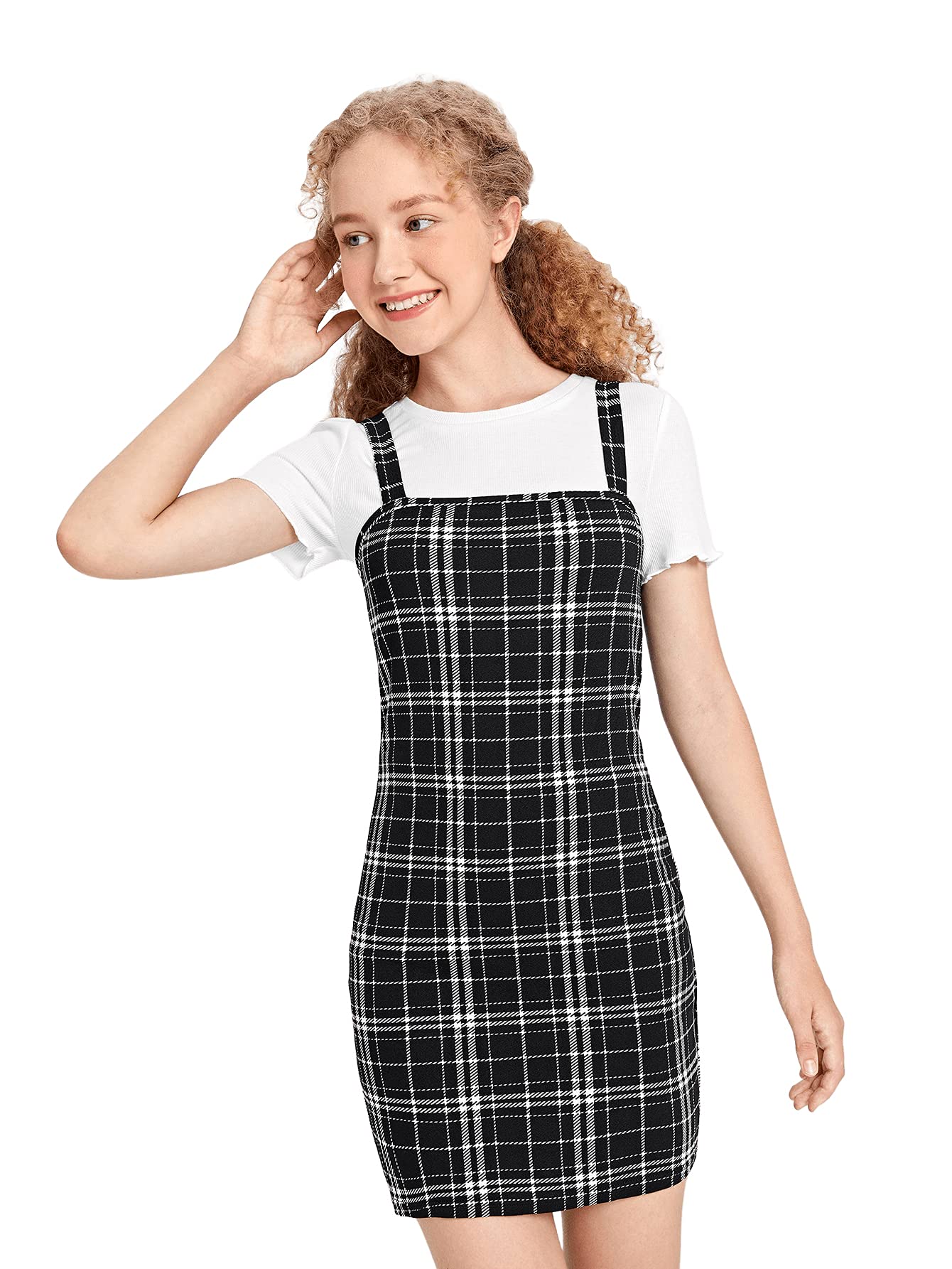 Romwe Women's Teen Girls Round Neck Tee & Plaid Straps Overall Dress Set - Casual Outfit for School, Shopping, and Daily Wear