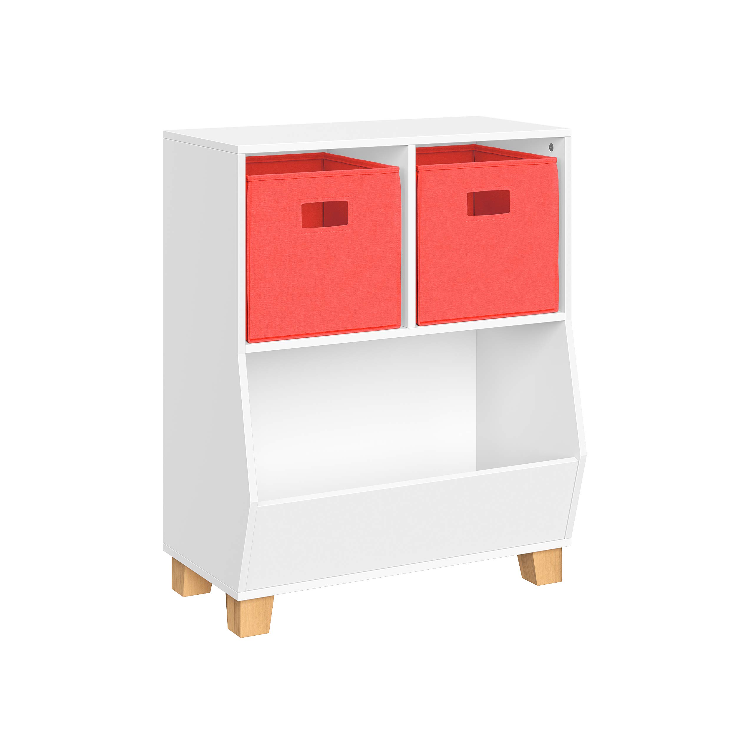 RiverRidge Kids Bookshelf Toy Storage Organizer - White Playroom Organizer with 2 Cubbies & 2 Folding Coral Fabric Bins - Perfect for Nursery, Daycare & Kids Bedroom Organization