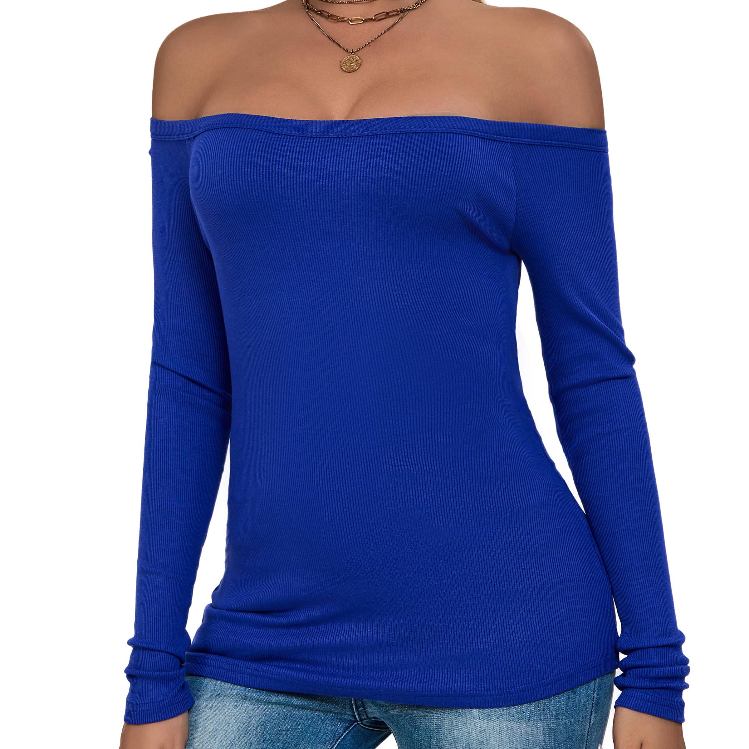 ASAIR Women's Off The Shoulder Long Sleeve Tops - Stretchy Ribbed Lightweight Shirts for Casual Wear & Date Night Outfits | Trendy Basic Tops for Fall & Winter Fashion