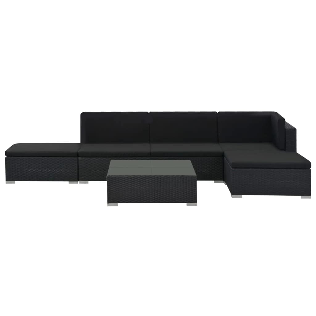 vidaXL 6-Piece Patio Sofa Set - Outdoor Sectional Couch with Cushions & Table, Black Poly Rattan Furniture for Backyard, Garden, Poolside or Deck Relaxation