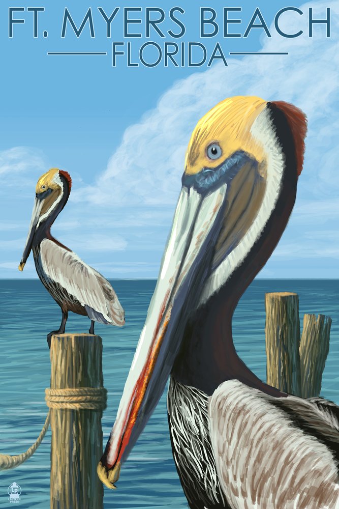 Signed Ft. Myers Beach Florida Pelicans Art Print - 24x36 Wall Decor Poster for Coastal Home & Office Decoration | Beach Theme Living Room & Bedroom Wall Art
