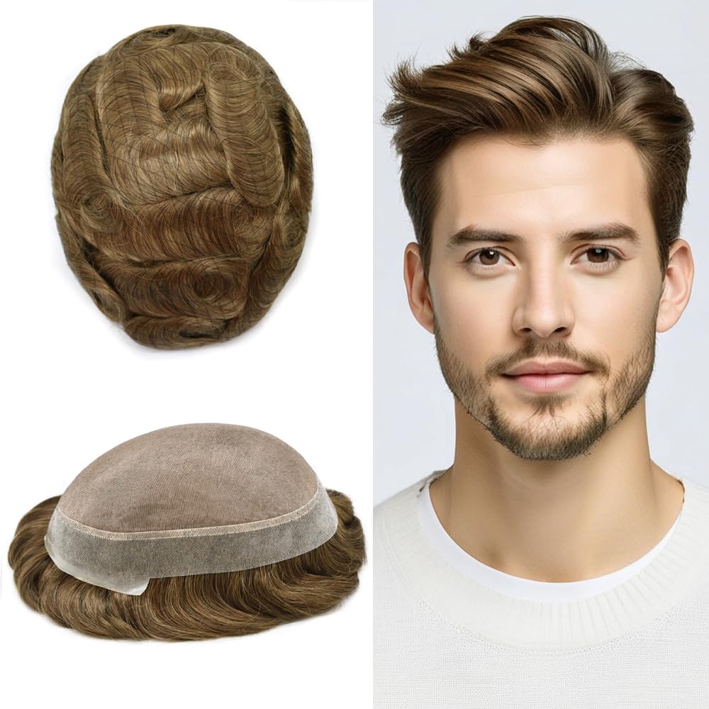 Premium European Human Hair Toupee for Men - 7x9 Inch Mono Hair Replacement System - Dark Ash Blonde #17 (120% Density) - Natural Looking Hair Prosthesis for Thinning Hair & Baldness - Perfect for Daily Wear, Special Occasions & Professional Settings