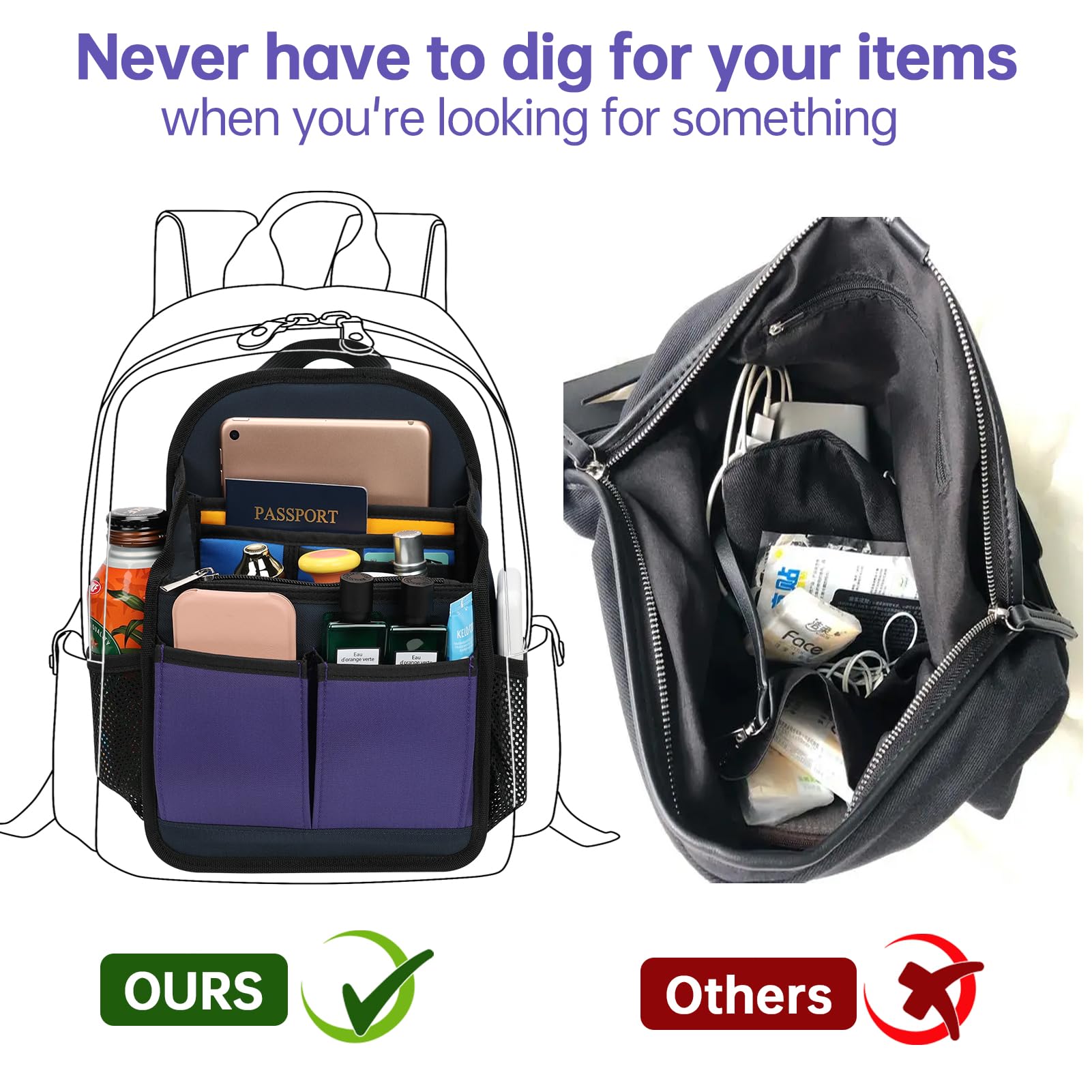 Backpack Organizer Insert for Women & Men - Waterproof Travel Bag Organizer with Multiple Pockets - Perfect for School, Office, Hiking, and Daily Use