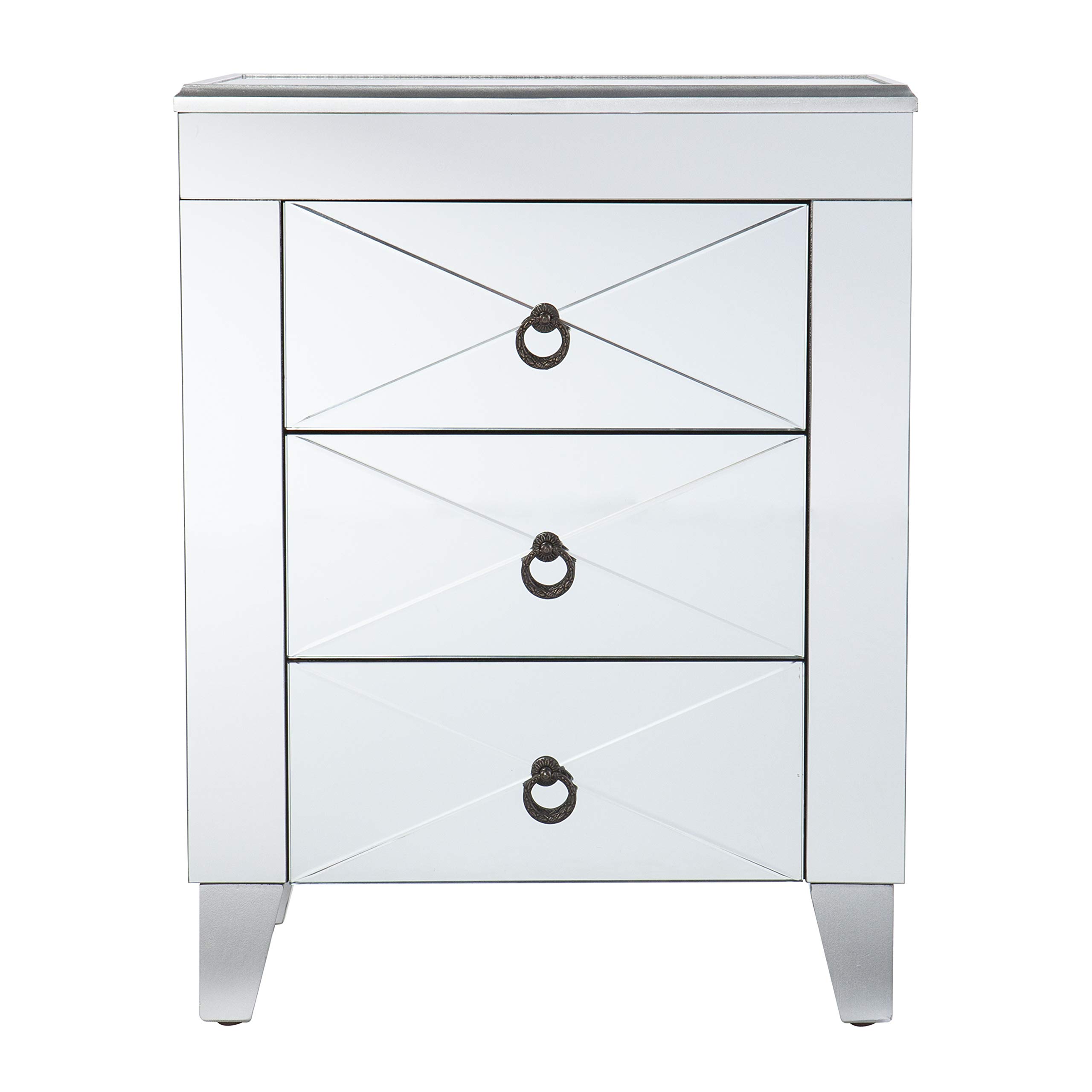 SEI Furniture Cresheim Silver Mirrored End Table with Drawers - Elegant Nightstand for Bedroom, Living Room, or Entryway Décor