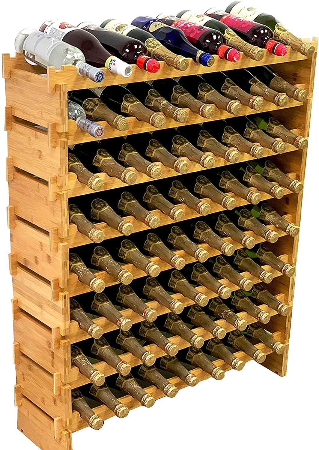 Stackable Bamboo Wine Rack - 72 Bottle Capacity, Modular Wine Storage Shelf with Wobble-Free Design for Home Bar, Kitchen or Cellar Organization - Solid Wood Display Holder (8-Tier)