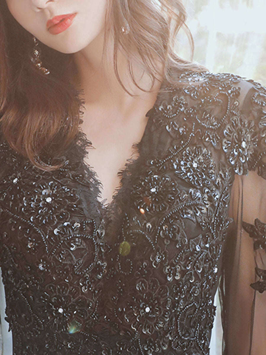 Elegant Black V-Neck Tulle Lace Beaded Long Prom Dress - Formal Evening Gown for Homecoming, Wedding, and Special Occasions