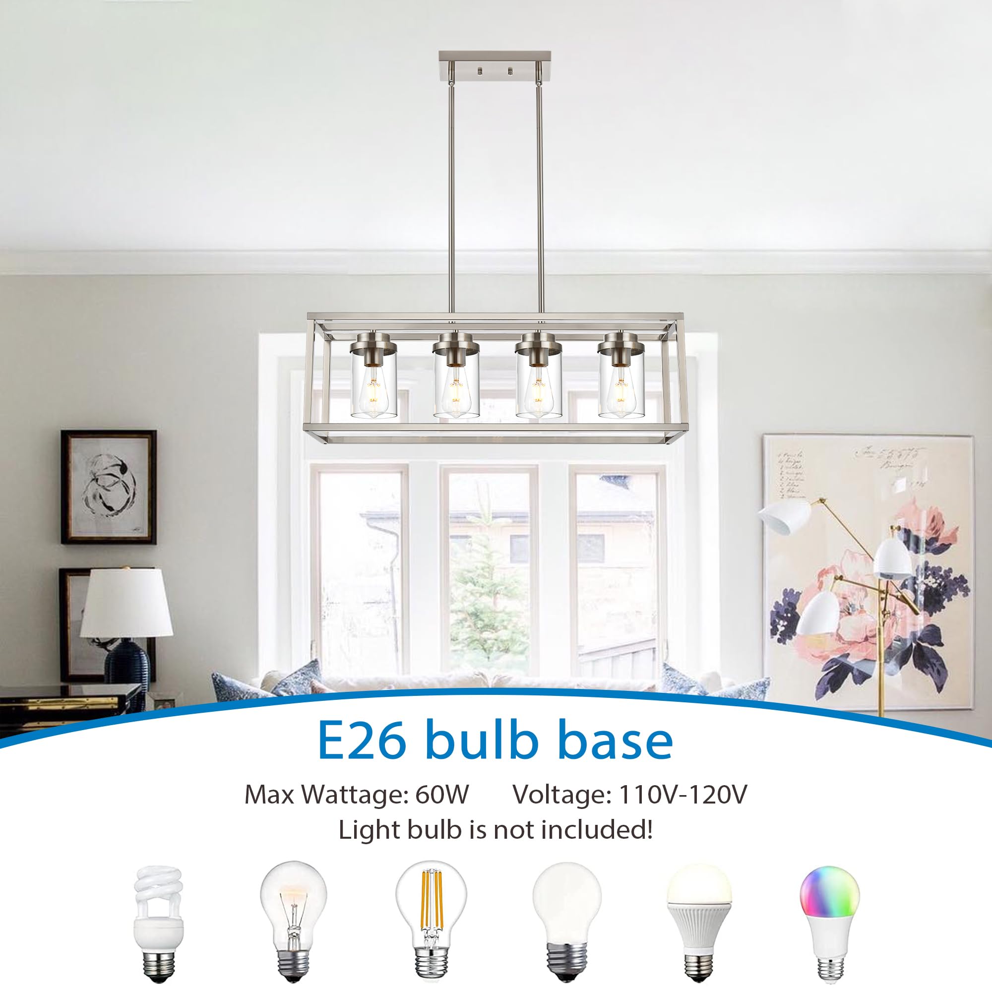 MELUCEE 30.3 Inch Modern 4-Light Linear Chandelier - Brushed Nickel Pendant Light Fixture with Clear Glass Shade - Perfect for Kitchen Island, Dining Room, Pool Table Lighting and Home Decor