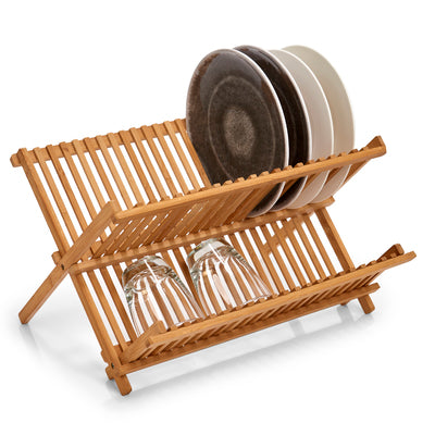 Stainless Steel Bamboo Dish Drain Rack - 2 Tier Kitchen Countertop Drying Rack for Plates, Cups & Utensils | Space Saving Dish Organizer for Small Kitchens | Perfect for Drying Dishes After Washing