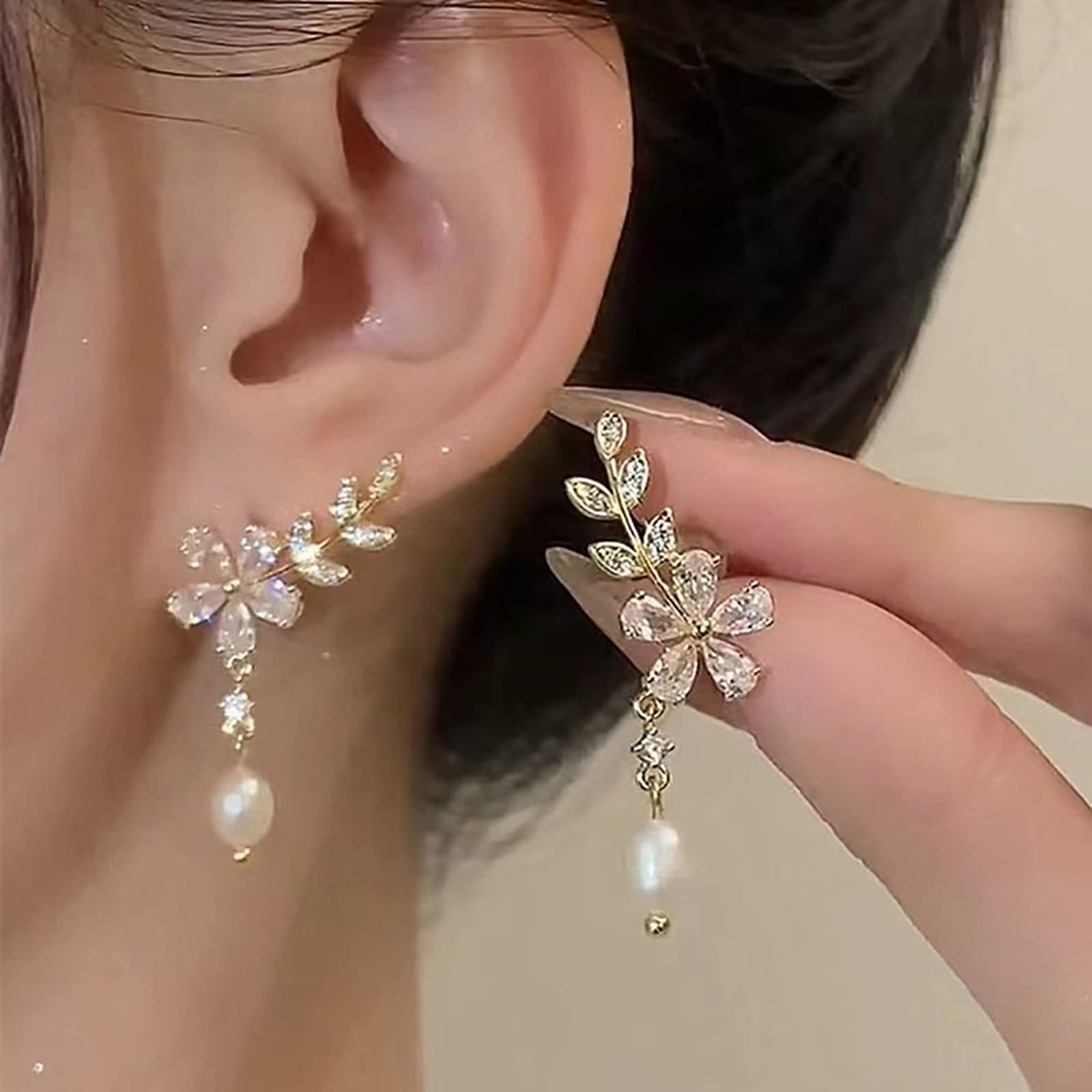 Sparkling Cubic Zirconia Flower Drop Dangle Crawler Earrings for Women - Rhinestone Crystal Stud Climber Cartilage Earrings with Tassel Chain - Perfect for Bridal, Wedding, Party & Evening Occasions (Pearl Flower Design)