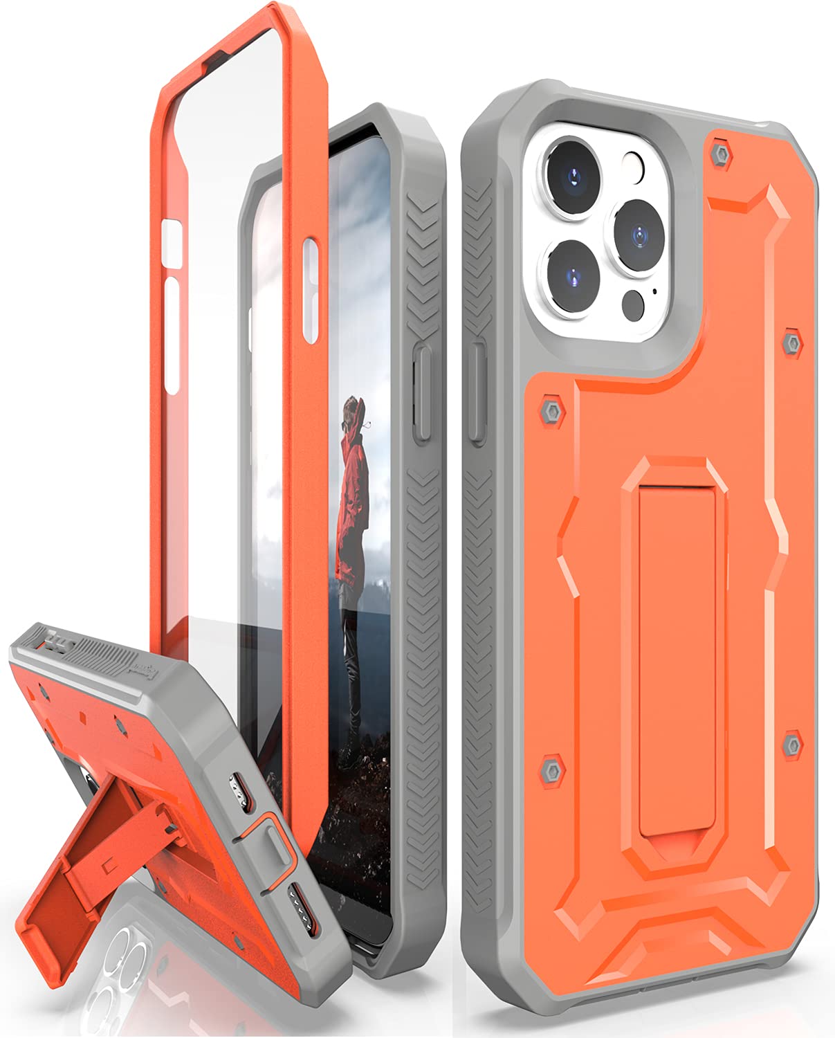 ArmadilloTek V Rugged iPhone 13 Pro Max Case - Military Grade Drop Protection (21ft) with Built-in Screen Protector & Kickstand - Shockproof Heavy Duty Phone Cover - Orange - Perfect for Outdoor Adventures, Construction Work & Extreme Sports
