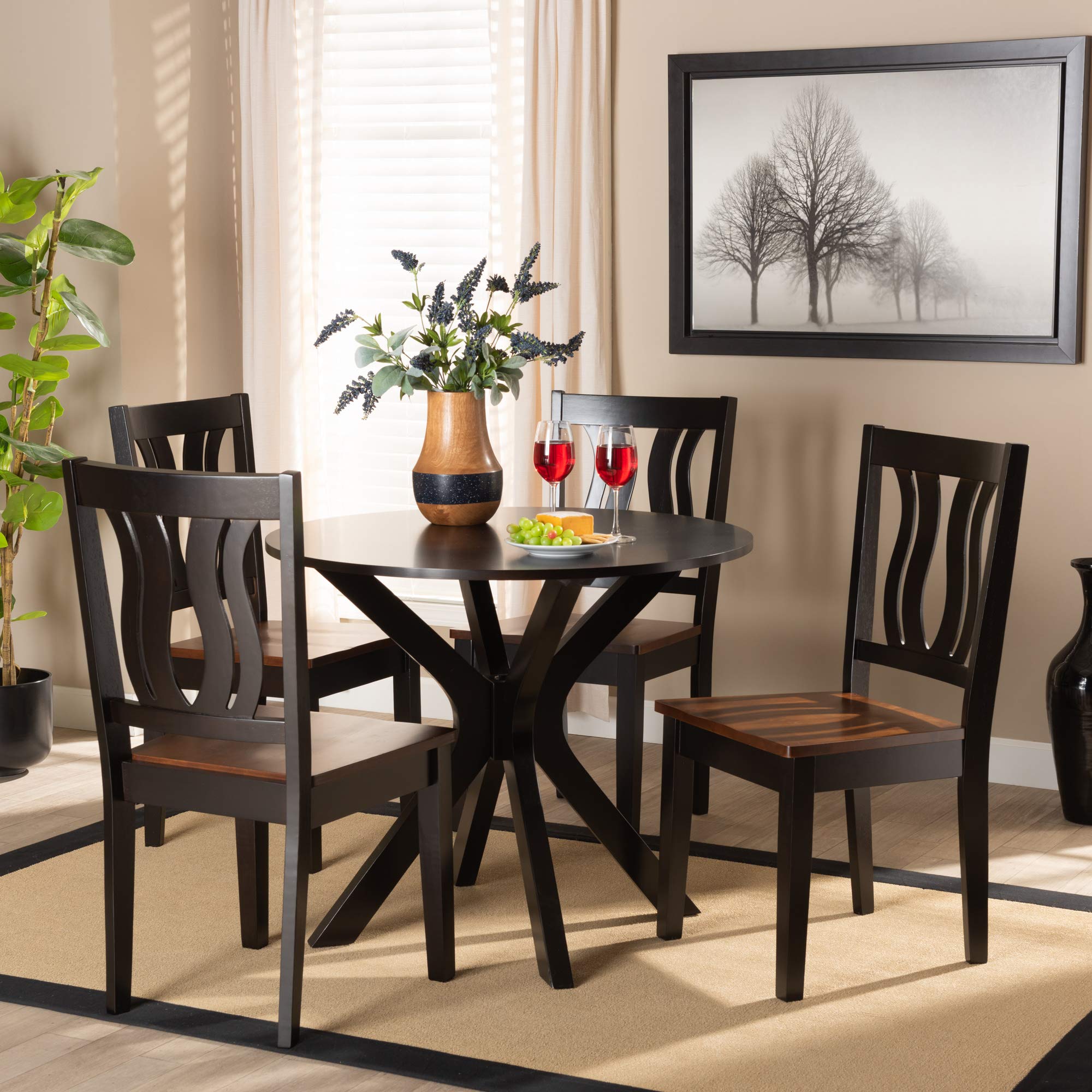 Baxton Studio Mare Modern 5-Piece Dining Set - Two-Tone Dark Brown & Walnut Wood Table with Chairs | Contemporary Transitional Style for Small Spaces & Open Floor Plans | Perfect for Family Dinners & Entertaining Guests