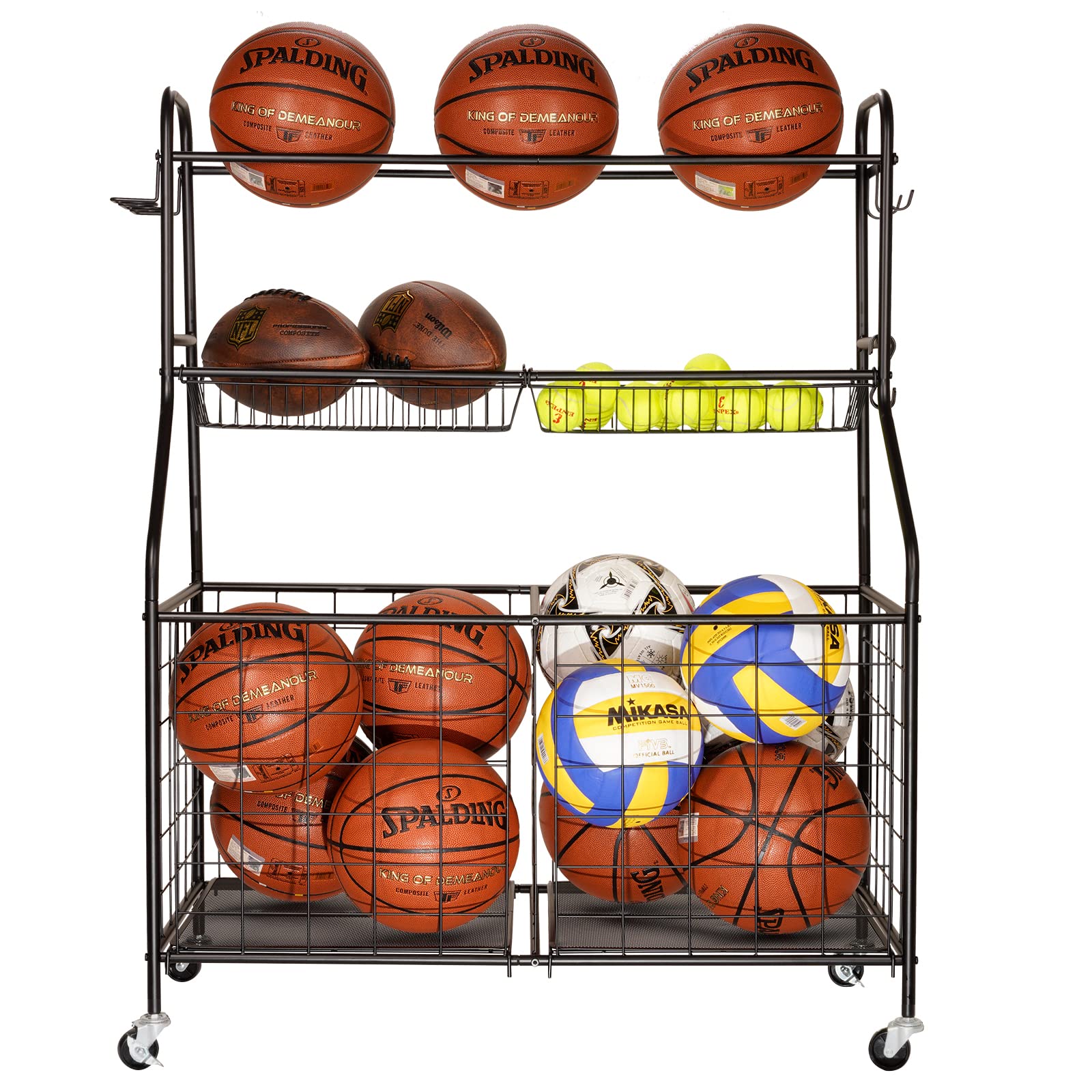 Garage Sports Equipment Organizer - Heavy Duty Steel Ball Storage Rack & Toy Organizer with Wheels for Nerf Guns, Basketballs, Soccer Balls - Perfect for School Gym, Playroom & Garage Storage (Black)