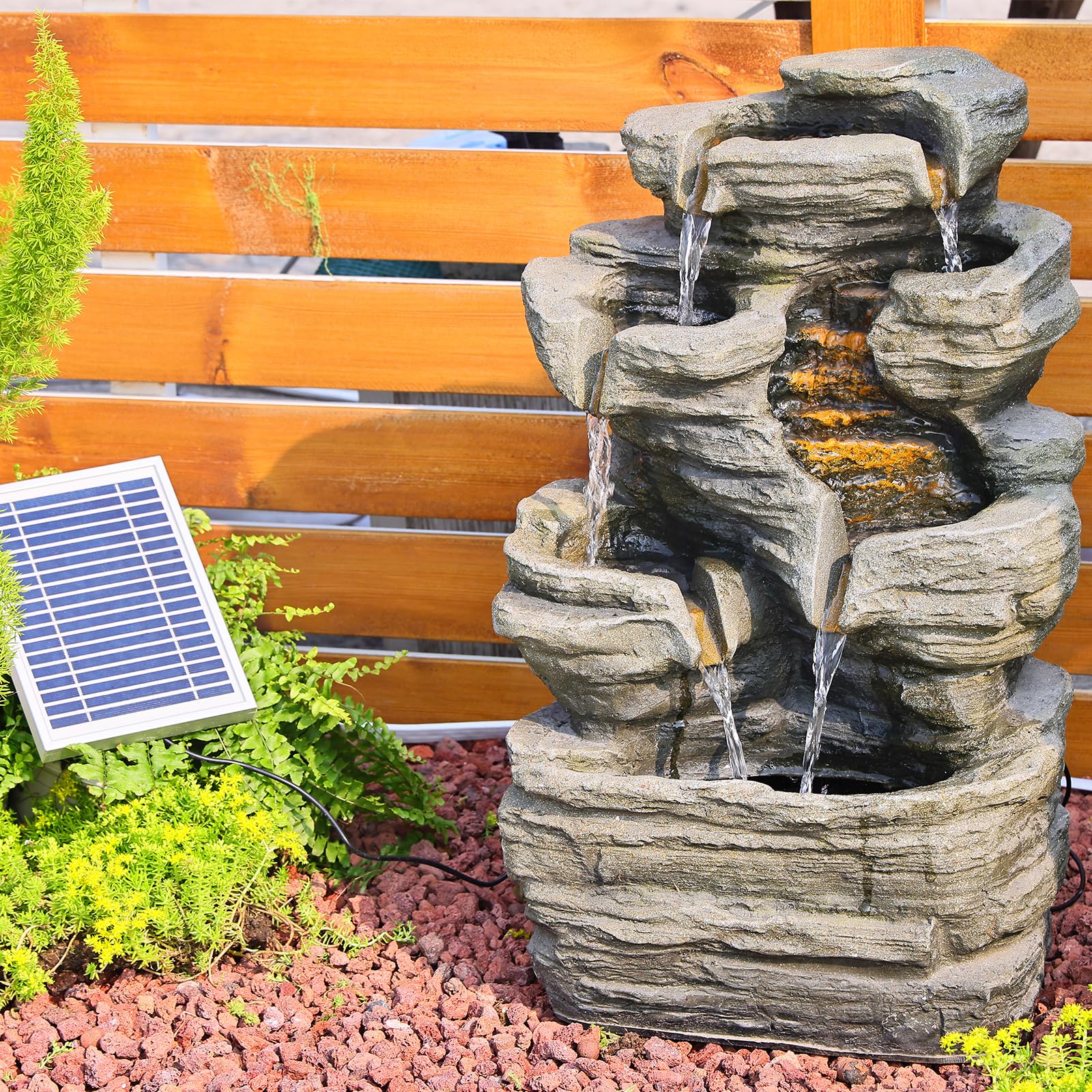 6 Tier Solar Powered Cascading Rock Water Fountain with LED Lights - 24.4