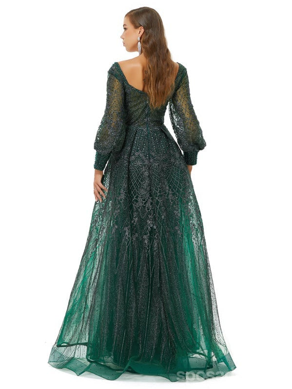 Elegant Green A-Line Long Sleeve Prom Dress with Jewel Details - Formal Evening Party Gown for Homecoming, Quinceañera & Special Occasions
