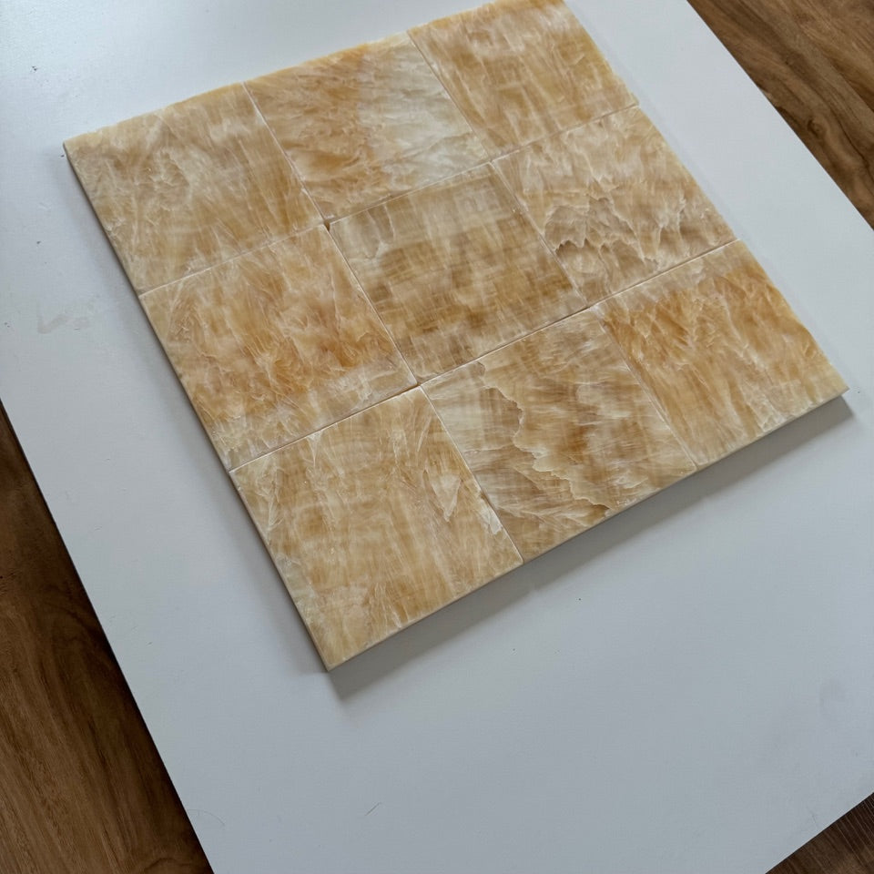Premium Honey Onyx & Bianco Dolomite Checkerboard Tiles - High Gloss Polished Finish for Kitchen Backsplash, Bathroom Flooring, and Luxury Interior Design