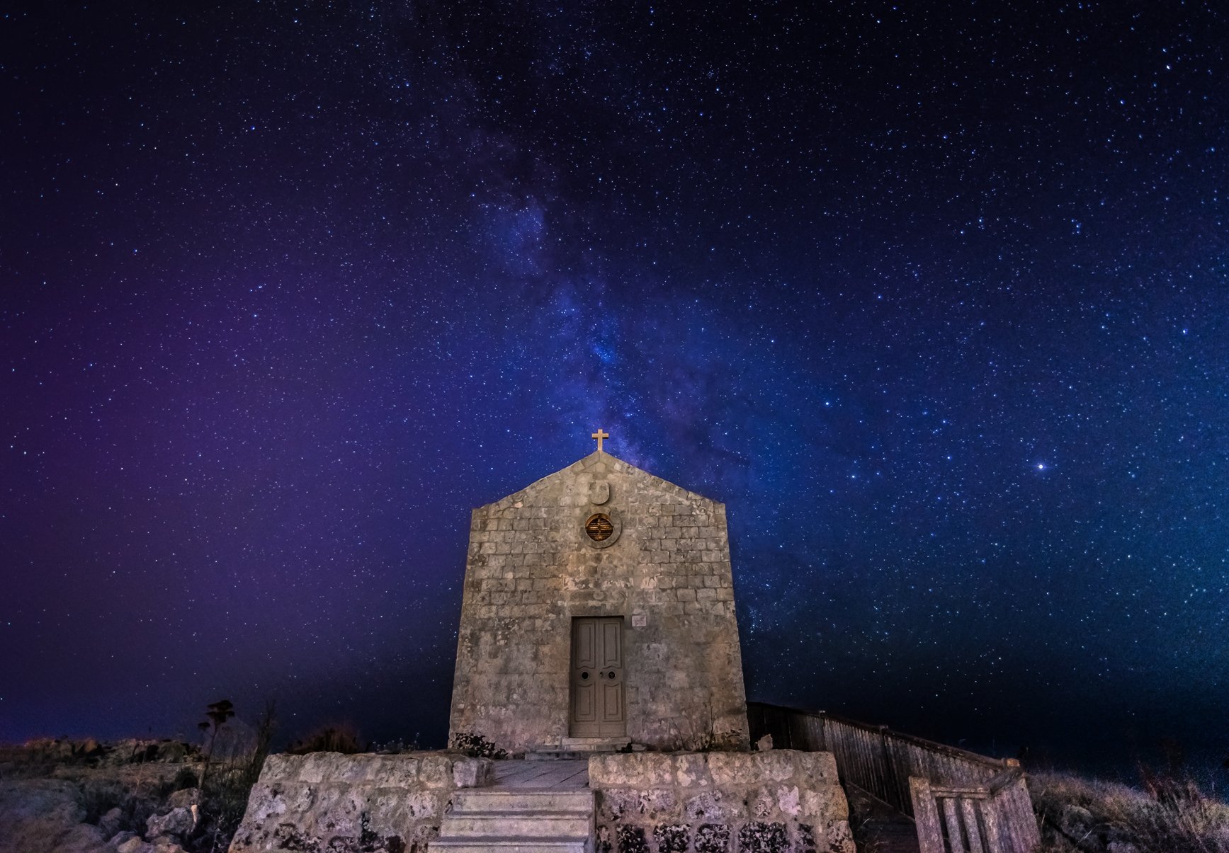 Wall26 - Stunning Milky Way Night Sky Over Church - Removable Self-Adhesive Wall Mural (100x144 inches) - Perfect for Living Room, Bedroom & Office Decor