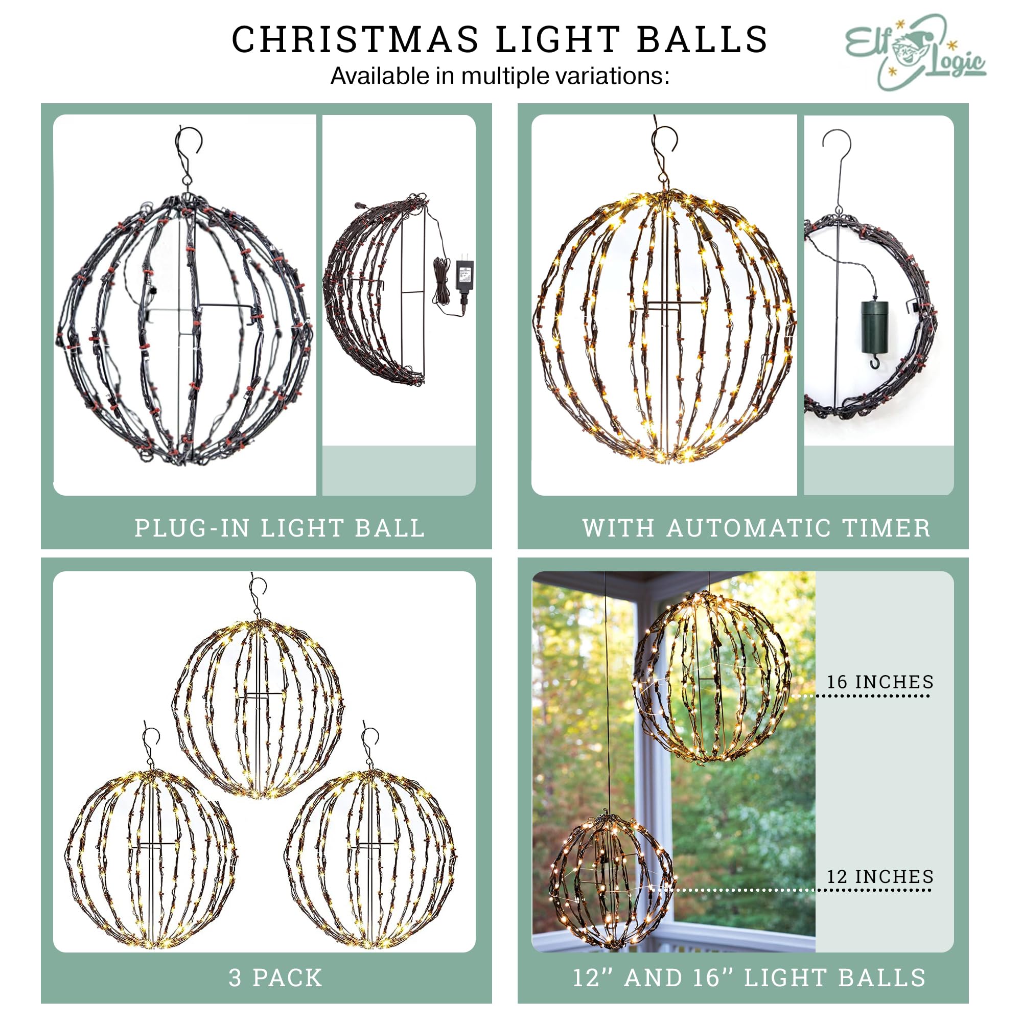 Elf Logic 3 Pack 16” LED Christmas Light Balls - Indoor/Outdoor Waterproof Holiday Decorations | Warm White String Lights for Christmas Tree, Patio, Garden, Wedding & Party Decor | Energy Efficient Durable Decorative Lighting