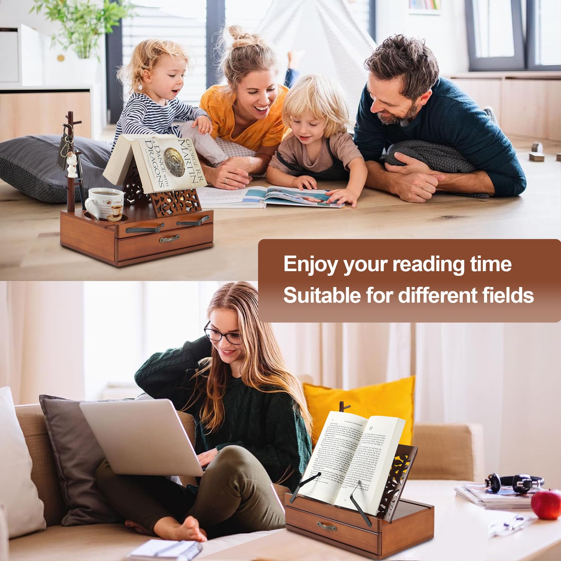 Wooden Book Stand for Hands-Free Reading - Adjustable Triangle Book Holder with Cup, Glasses, Pen & iPad Holder - Book Page Holder Stand with Drawer - Perfect Gift for Book Lovers - Ideal for Home, Office & Library Use