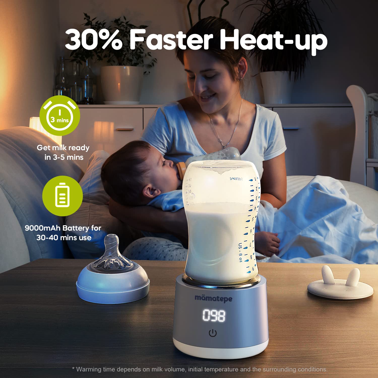 Mamatepe 2-in-1 Portable USB Rechargeable Baby Bottle Warmer for Travel - 4 Temperature Settings for Breastmilk, Formula & Water - Compact Milk Warmer for On-the-Go Parents (Perfect for Car, Stroller & Diaper Bag)