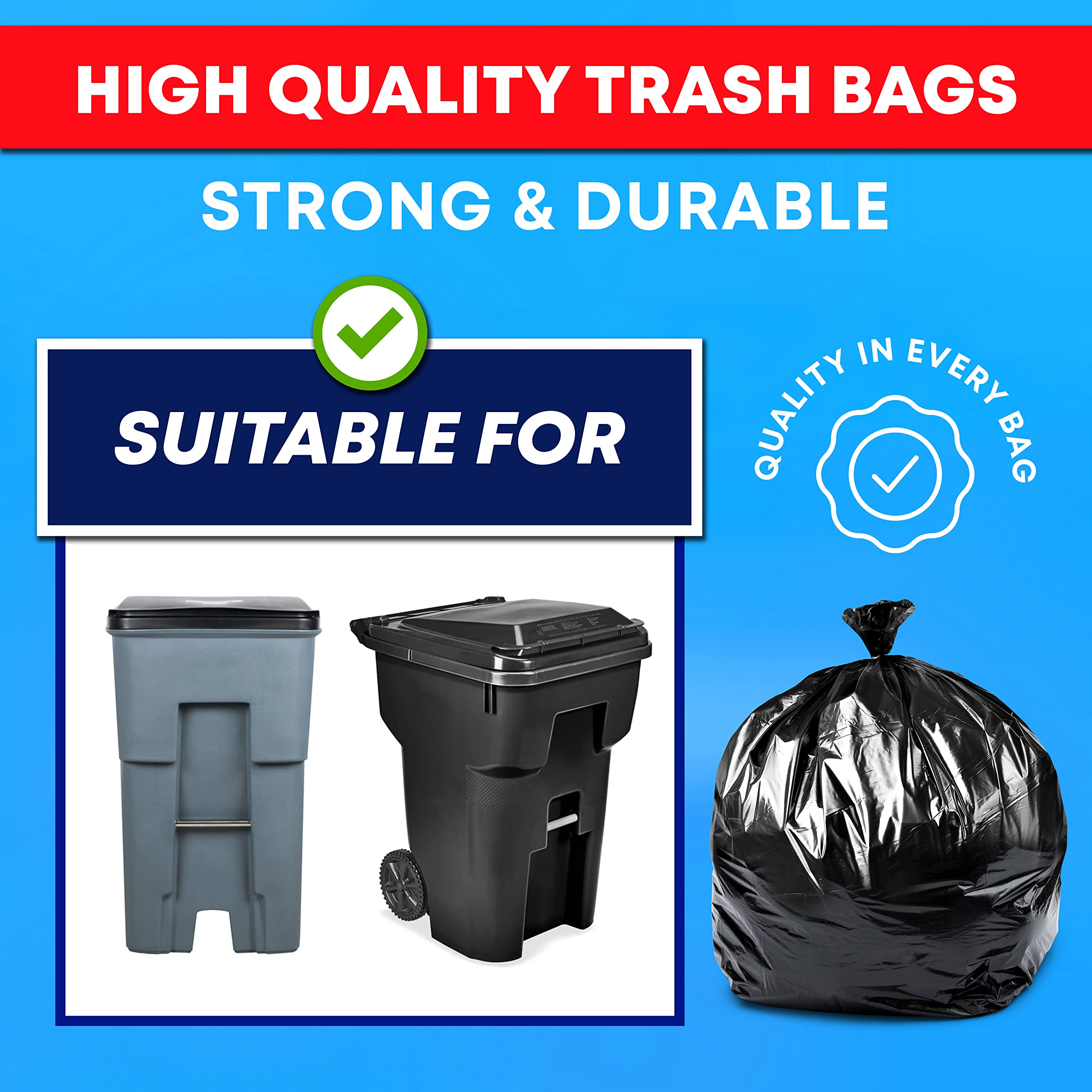 55-60 Gallon Heavy Duty Trash Bags - 3 Mil Thick Black Contractor Garbage Bags (50 Count with Ties) | Extra Large Trash Can Liners for Construction, Yard Waste, Leaf & Lawn Cleanup | Perfect for Job Sites, Home Renovation & Outdoor Projects