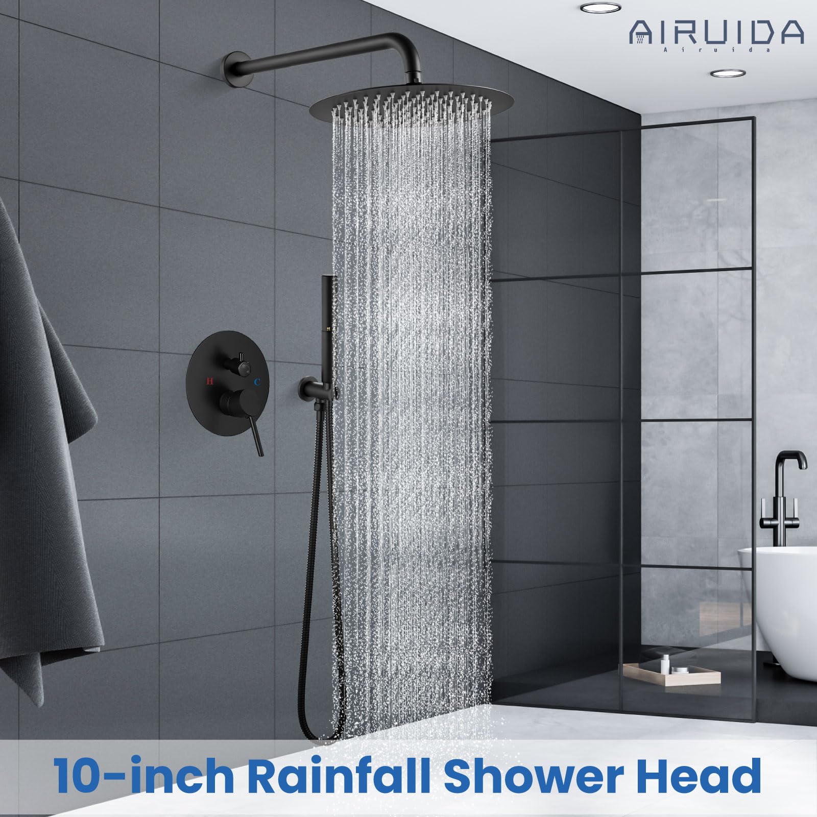 Airuida 2-Function Wall Mounted Shower Faucet Set - High Pressure Brass Handheld Shower with Rough-in Valve & 10 Inch Round Rainfall Shower Head in Matte Black - Perfect for Modern Bathroom Renovations and Spa-Like Shower Experience