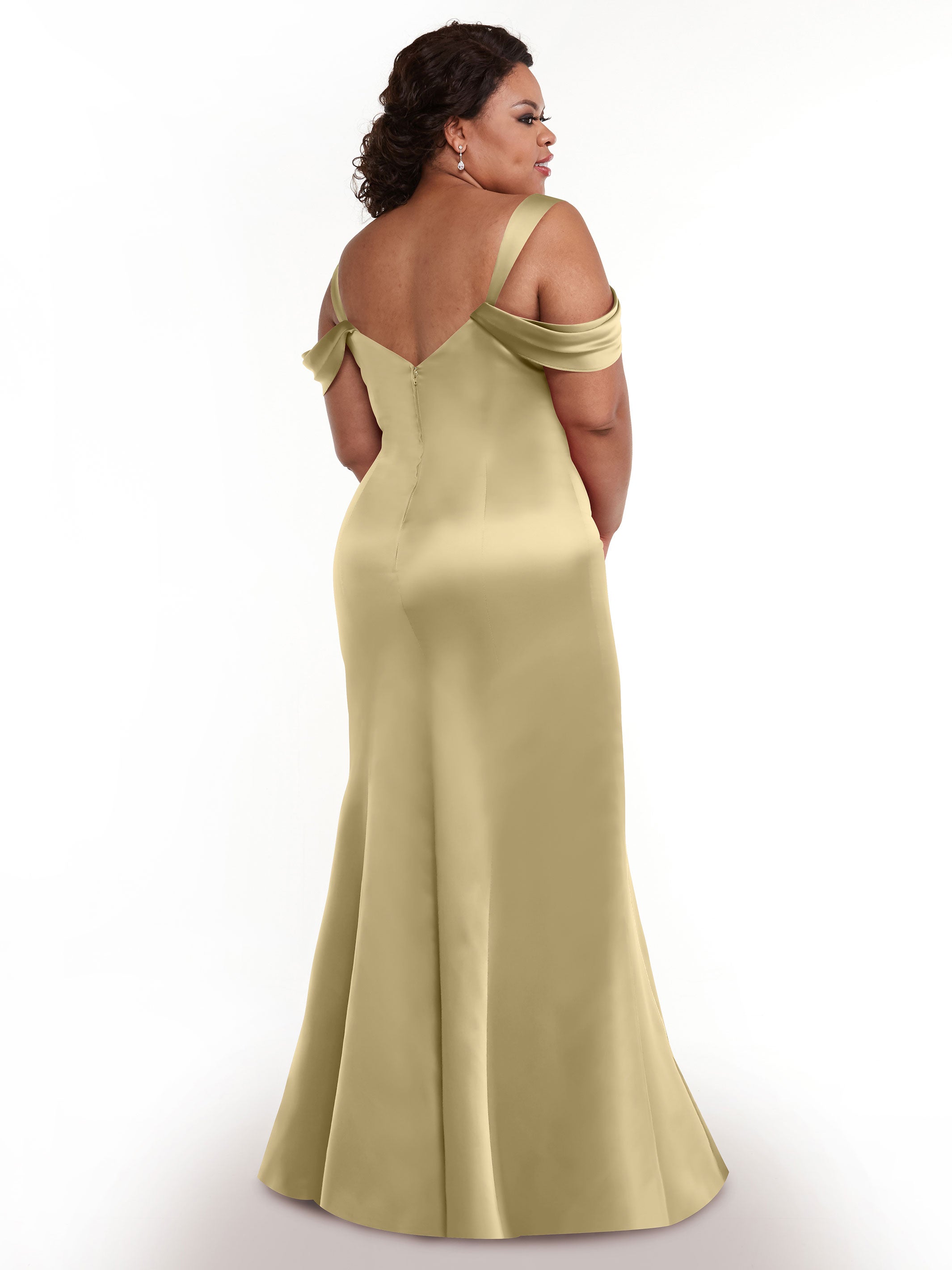 Elegant 80151 Fitted Satin Bridesmaid Dress with Off-The-Shoulder Sleeves - Perfect for Weddings, Formal Events & Special Occasions