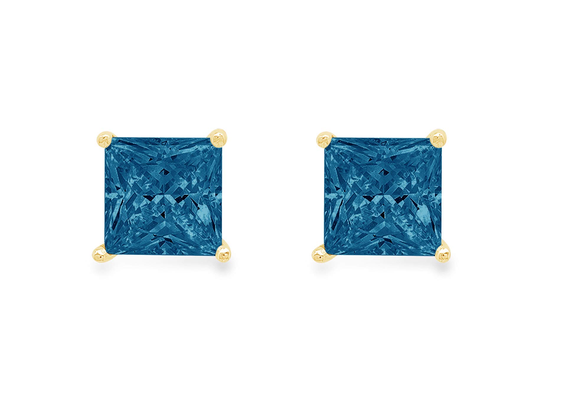 1.94cttw Princess Cut Natural London Blue Topaz Stud Earrings in 14K Yellow Gold - Push Back Closure, Anniversary Gift for Her - Perfect for Weddings, Parties & Special Occasions