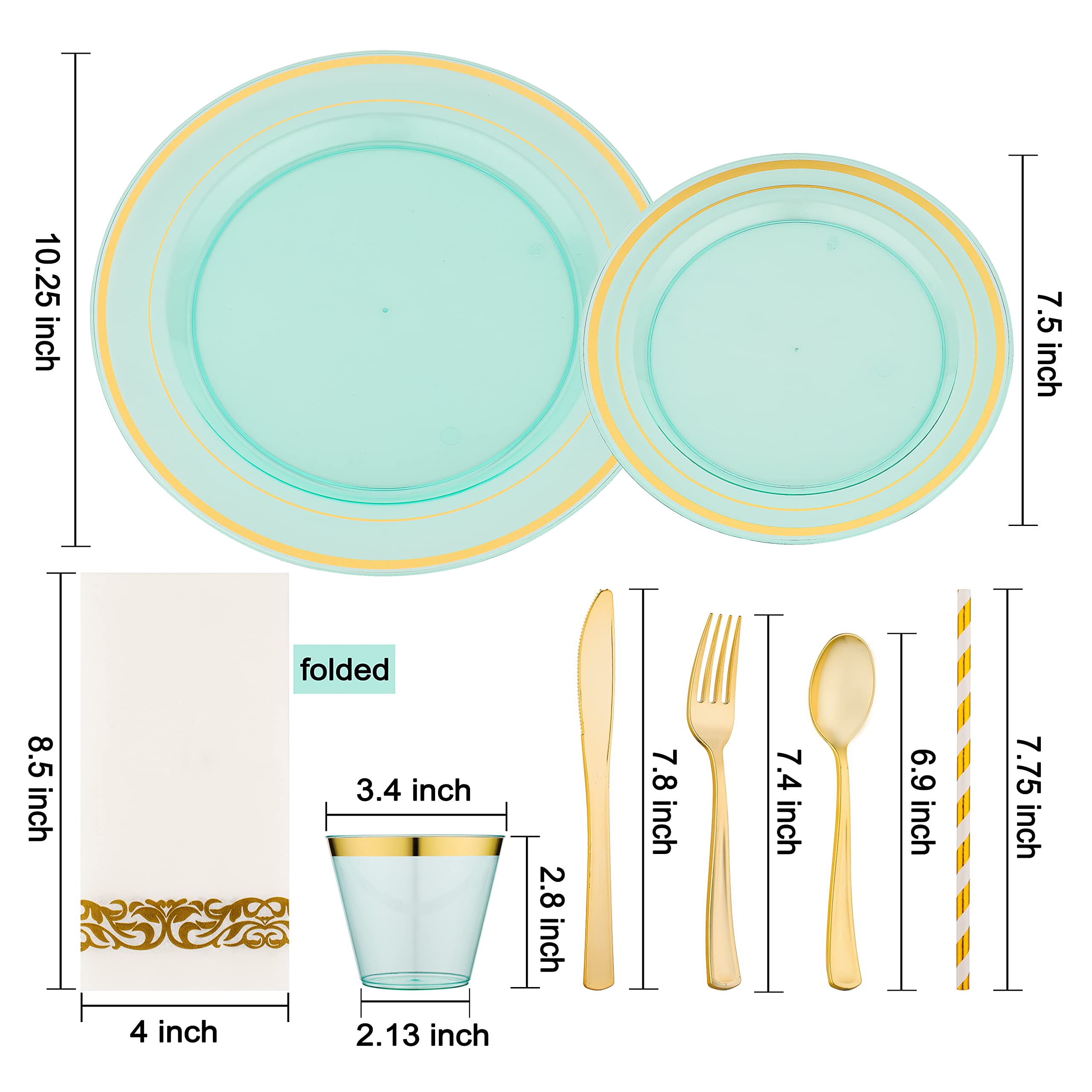 400-Piece Mint Green Disposable Plastic Plates Set for 50 Guests - Heavy Duty Dinner Plates, Fancy Dessert Plates, Gold/Silver Cutlery, Cups, Napkins & Straws - Perfect for Weddings, St. Patrick's Day, Easter & Party Events