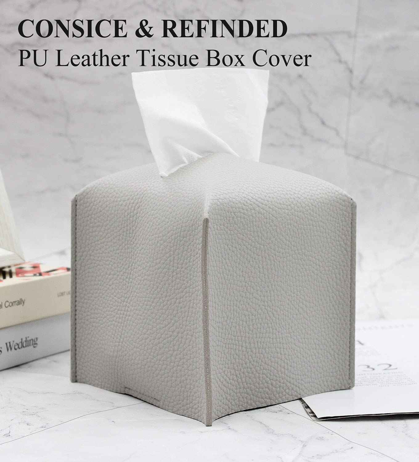 Livelab Square Tissue Box Cover - Modern PU Leather Tissue Holder for Bathroom, Vanity, Office & Car | 5x5x5 Inches | Pastel Grey | Stylish Home & Office Decor