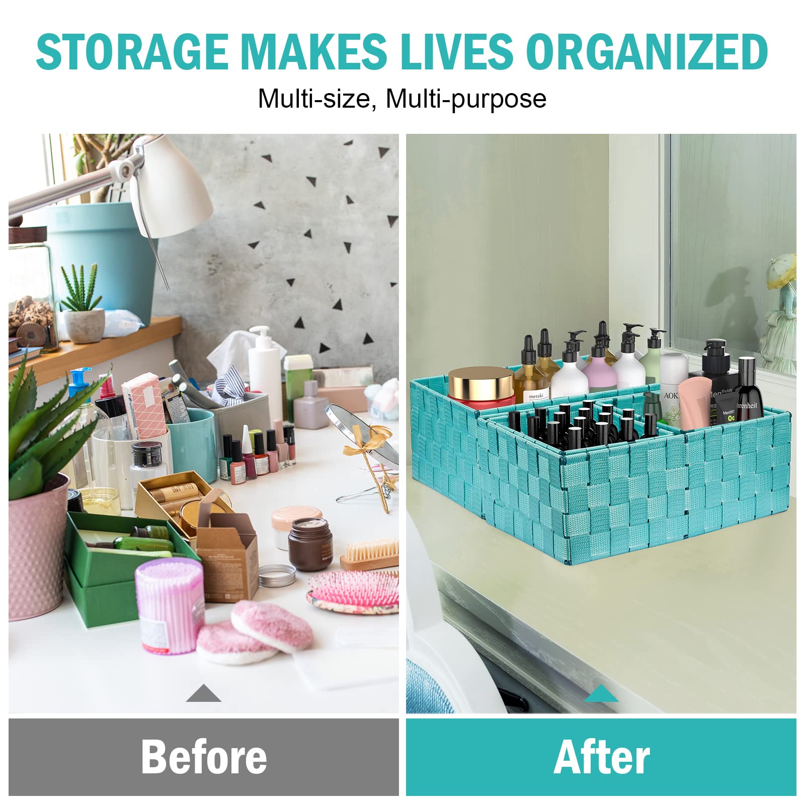 Woven Storage Baskets Set of 6 - Foldable Cube Bins for Closet, Shelves & Home Organization - Aqua Storage Containers | Perfect for Bedroom, Nursery & Laundry Room Organization