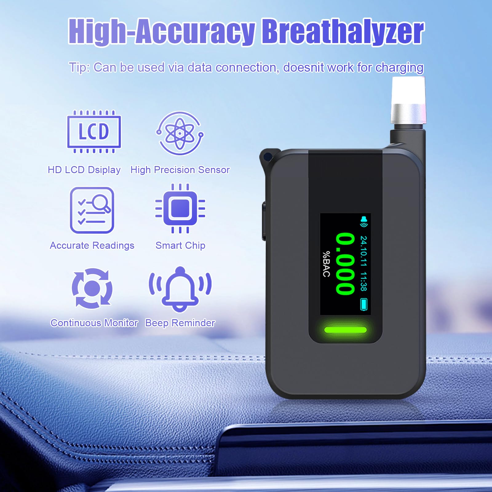 Professional-Grade Digital Breathalyzer with Blue LCD Display - High Accuracy Alcohol Tester for Personal Use, Memory Function & Warning Alerts - Includes 20 Disposable Mouthpieces - Ideal for Home Safety, Workplace Testing & Responsible Drinking Scenarios