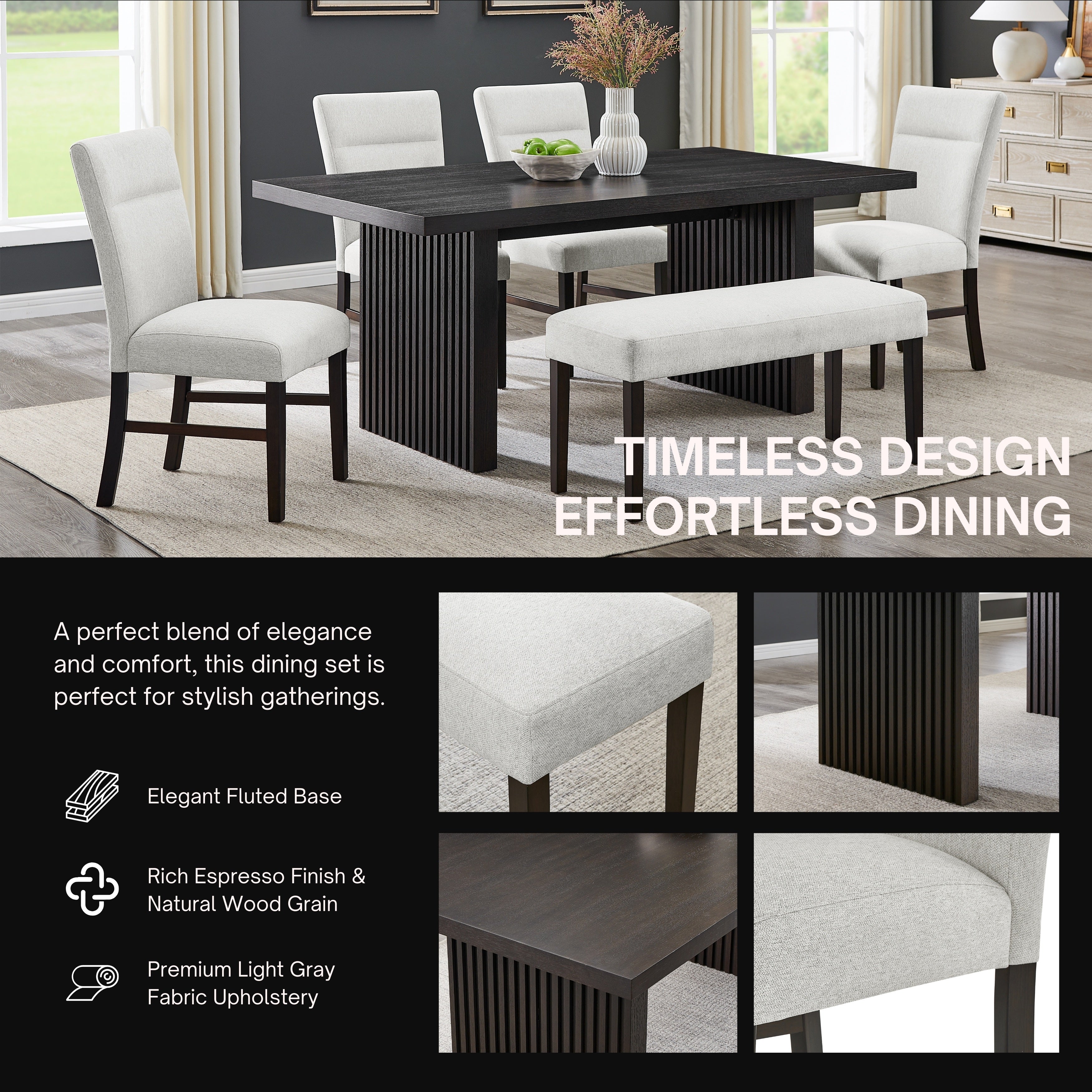 Roundhill Furniture Madison 6-Piece Dining Set - Gray Slat Fluted Dining Table with 4 Chairs & Bench | Perfect for Kitchen, Dining Room & Small Spaces