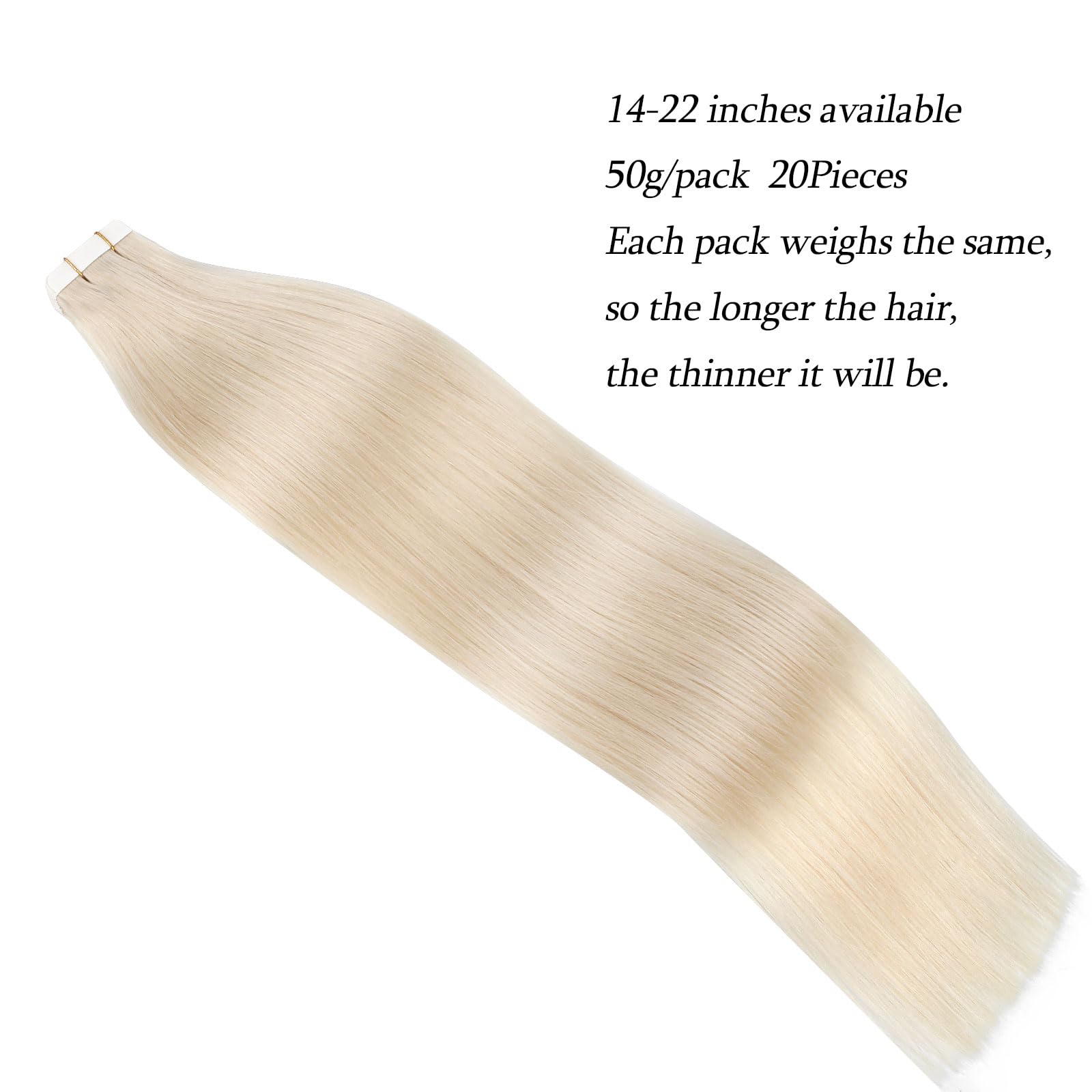 ABH AmazingBeauty 100% Real Remy Human Hair Extensions - 50g 20pcs Tape-In Wefts, 22 Inch, Ice Blonde (#1001) - Seamless, Reusable, Invisible Skin Weft for Natural Volume & Length - Perfect for Parties, Weddings & Daily Styling