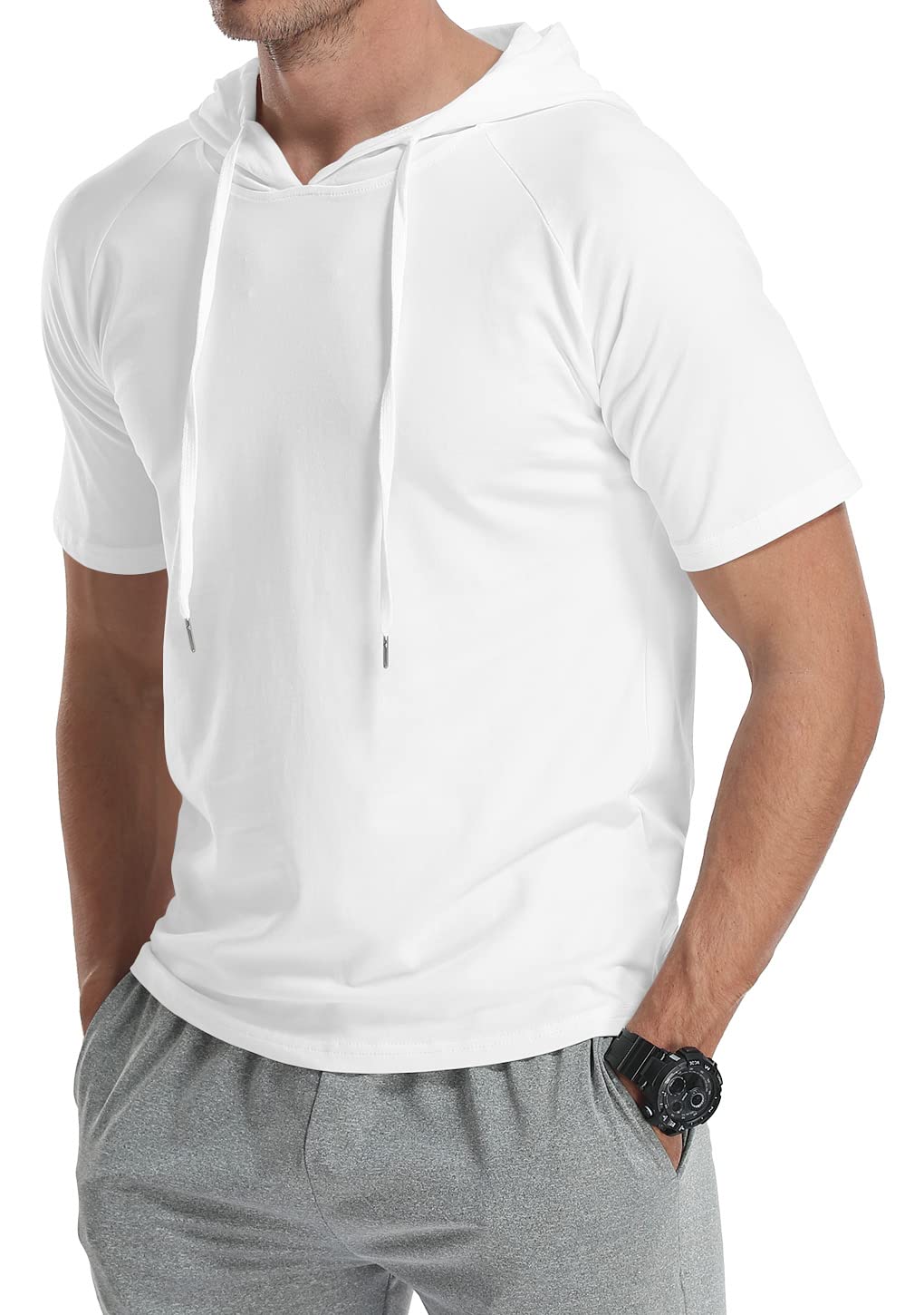 KUYIGO Men's Lightweight Short Sleeve Hooded Sweatshirt - Athletic Pullover T-Shirt for Gym, Running & Casual Wear | Breathable Solid Color Fashion Top