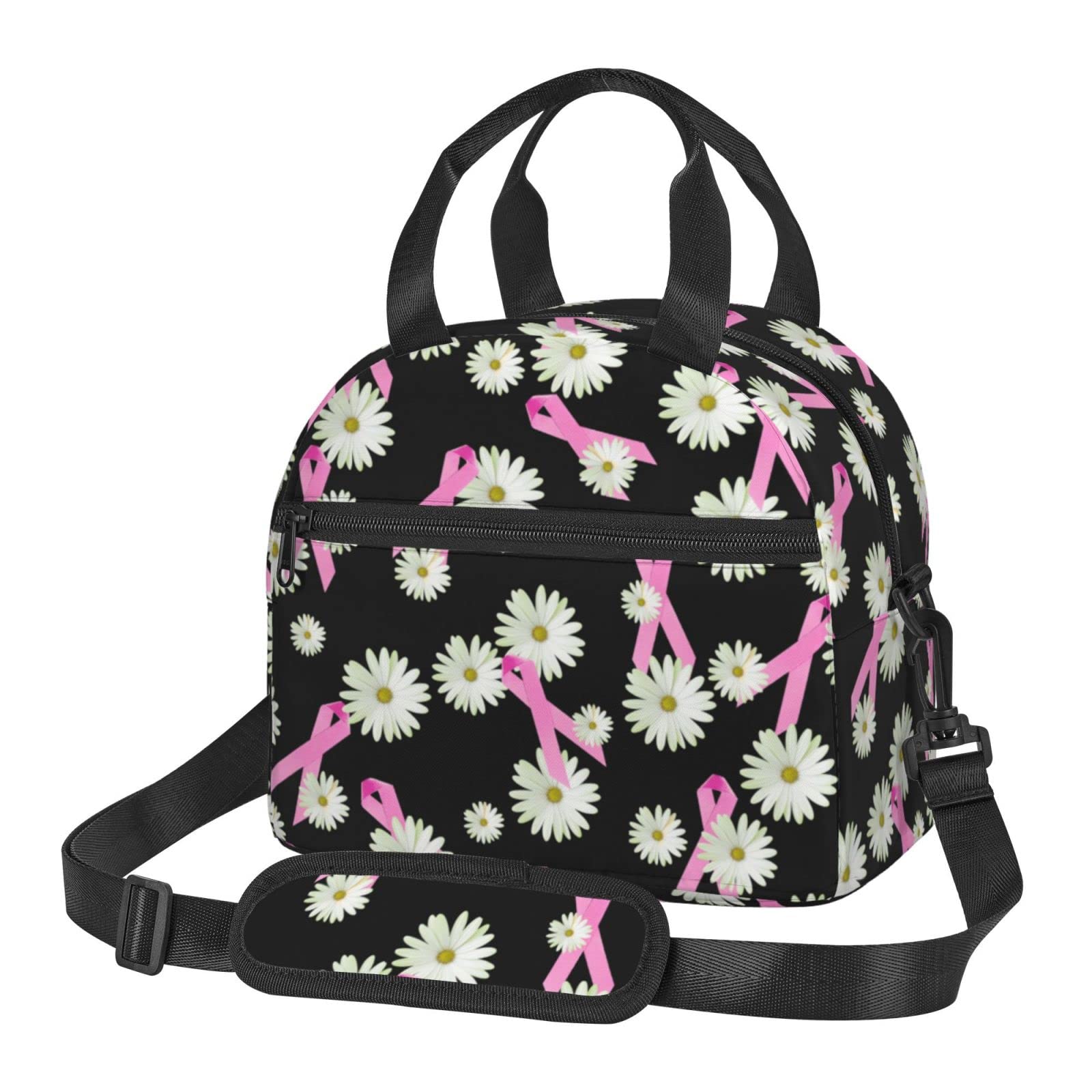 Eco-Friendly Reusable Lunch Bag for Women & Men - Insulated Cooler Tote with Adjustable Shoulder Strap, Daisy Print Design - Perfect for Office, School, Picnic & Beach Outings