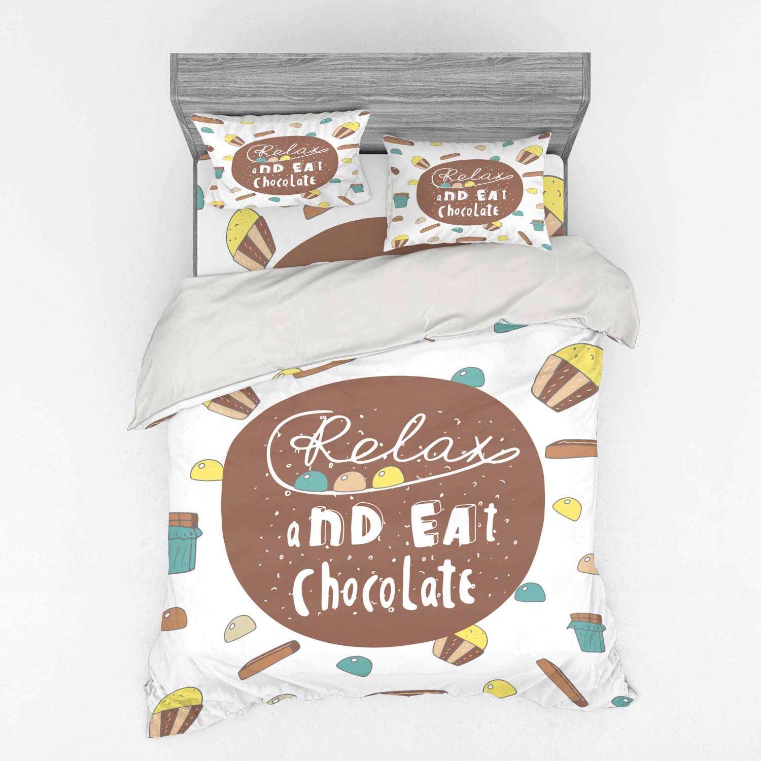 Ambesonne 4-Piece Queen Duvet Cover Set - Relax and Eat Chocolate Theme with Cupcakes & Tea Time Dessert Design, Includes Shams & Fitted Sheet, Multicolor - Perfect for Cozy Bedrooms, Guest Rooms & Chocolate Lovers' Retreats
