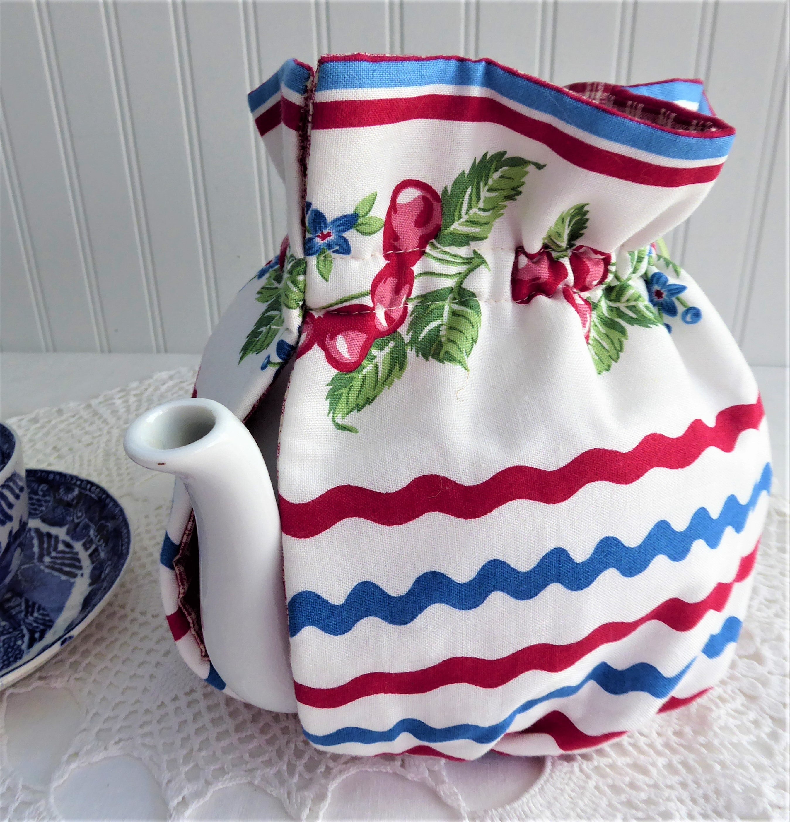 Handmade Large Tea Cozy - Red Plaid with Cherries & Ric Rac Design - Perfect for Tea Pots & Warm Beverages - Cozy & Stylish Kitchen Accessory for Tea Lovers